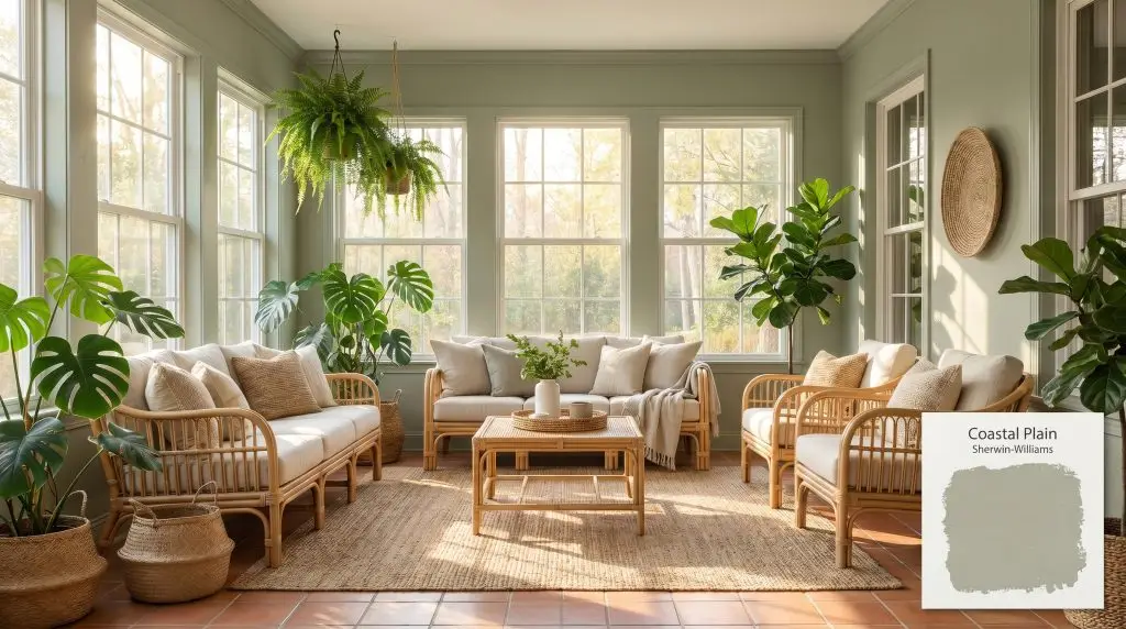 Lush indoor plants and natural rattan furniture rest on terracotta tile flooring in a sunroom painted in Sherwin-Williams Coastal Plain (Hex #9FA694).
