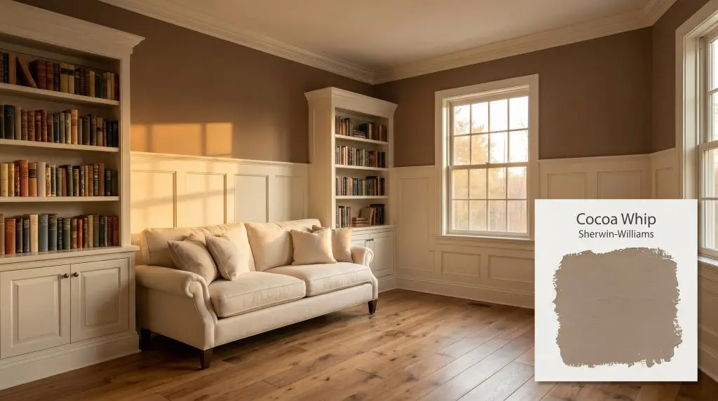 Built-in bookshelves, a plush cream sofa, and wide-plank oak floors define this cozy library coated in SW Cocoa Whip (Hex #A08E7E).