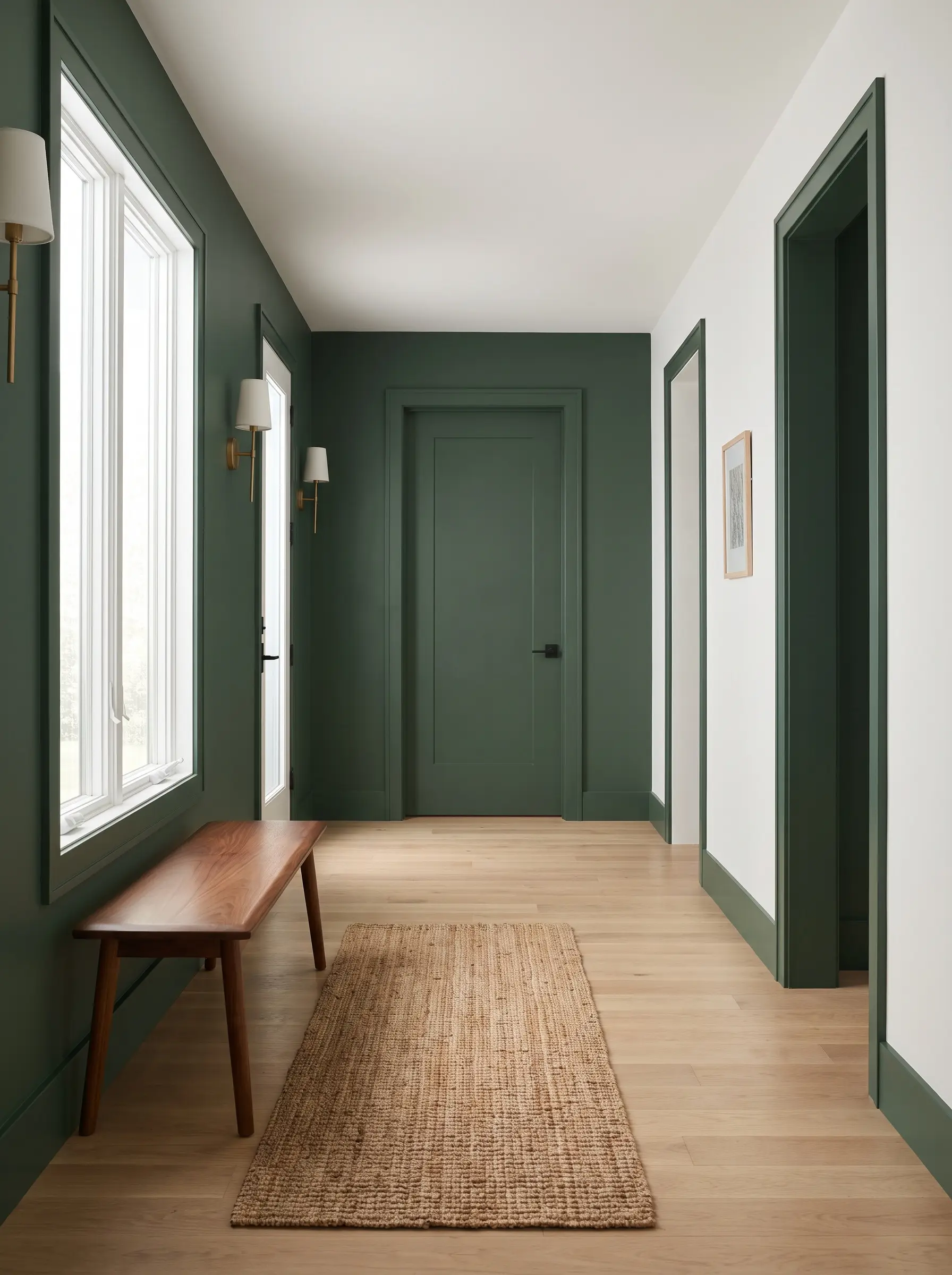 Color-drenched duck green walls, baseboards, and interior doors surround a warm walnut entryway bench and a woven runner rug on light oak floors.
