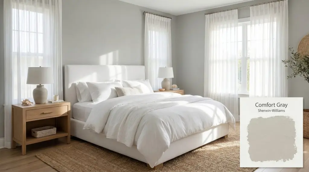 Light oak nightstands flank a white upholstered bed dressed in crisp linens against walls painted in Sherwin-Williams Comfort Gray (Hex #BEC3BB).