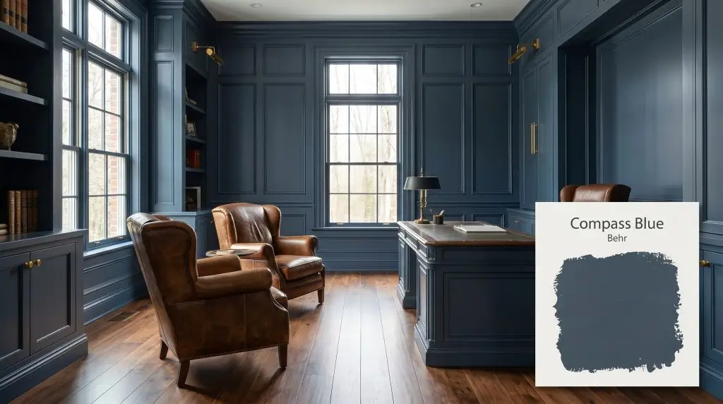 Floor-to-ceiling wainscoting and rich walnut floors define this grand home office painted in Behr MQ5-54 (Hex #35475b), featuring leather armchairs.