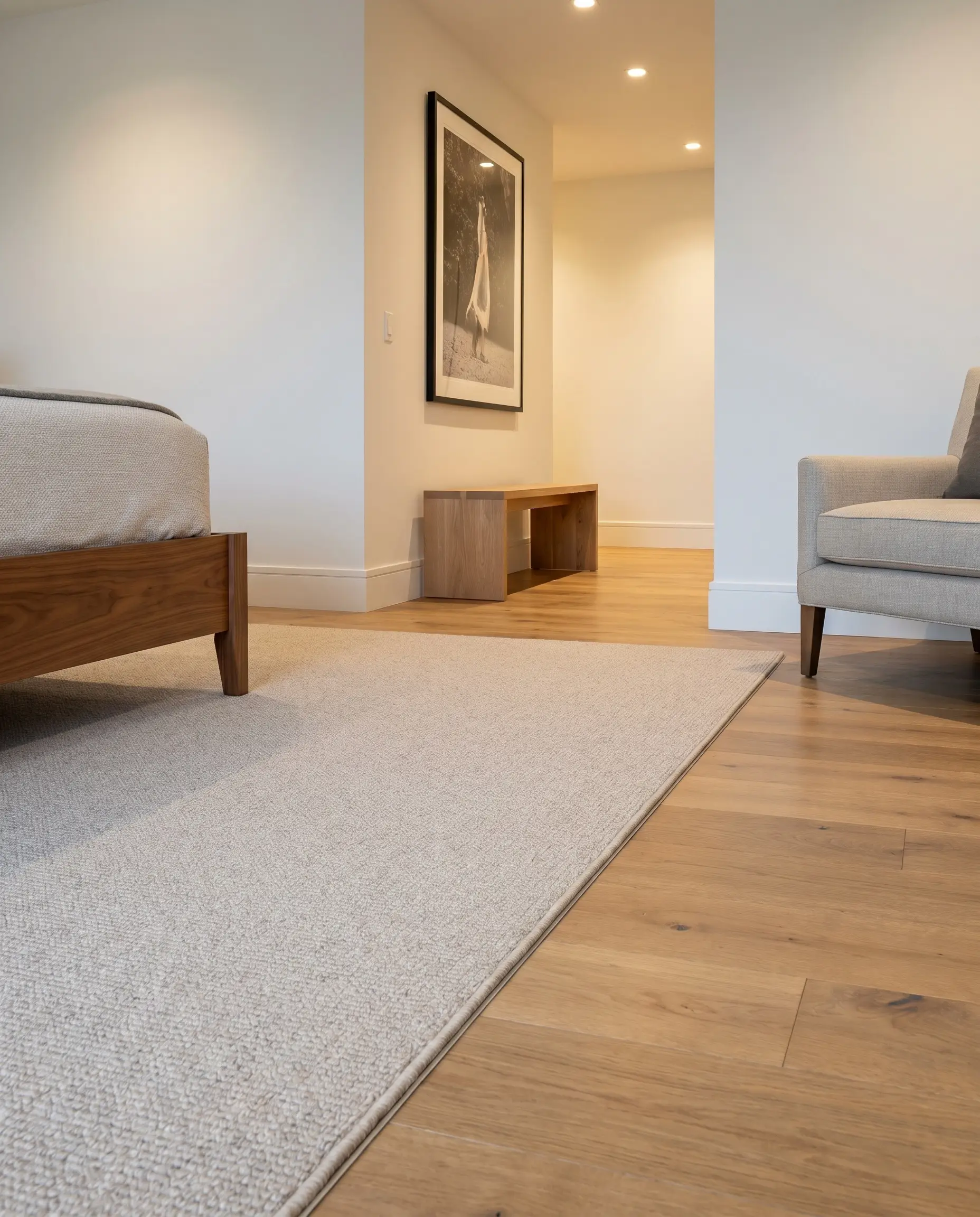 A concealed metal Z-bar profile hides the hardware where a clean fold of low-pile wool carpet meets solid hardwood flooring in a tailored bedroom.