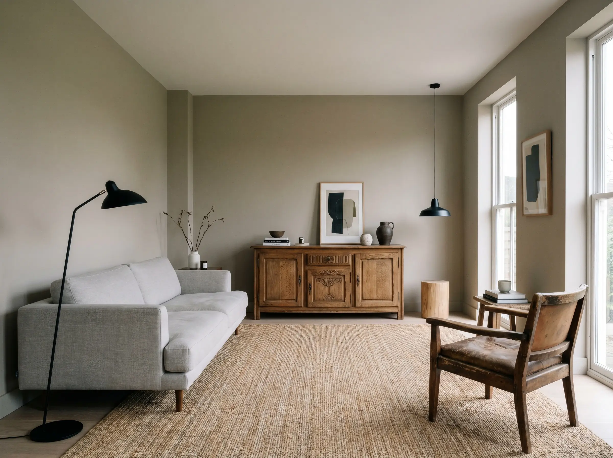 A contemporary sofa and minimalist jute rug contrast with a heavy antique oak sideboard and distressed wooden accent chair against muddy neutral walls.