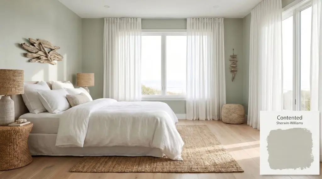 Sheer white curtains and linen bedding create a coastal bedroom aesthetic surrounded by Sherwin-Williams Contented (Hex #BDC0B3) walls and light oak floors.