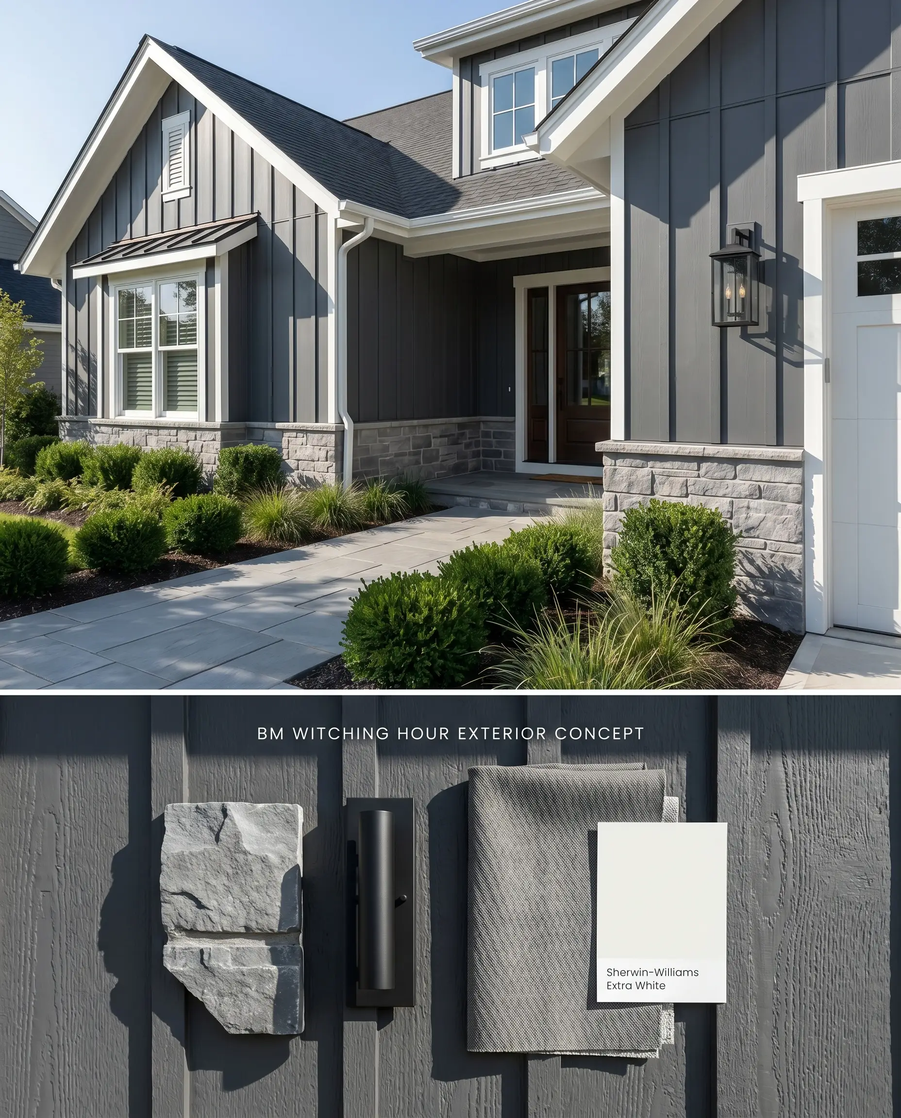 A split digital conceptual board featuring a modern farmhouse exterior painted in Benjamin Moore Witching Hour on top, and textured wood siding with gray masonry below.