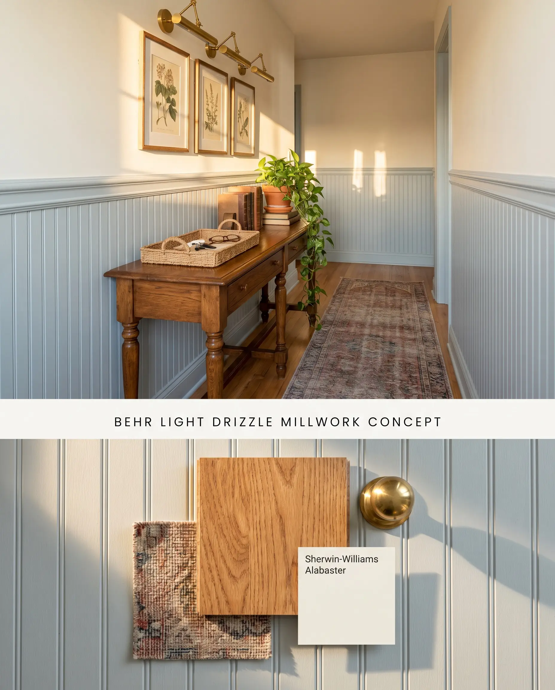 A split digital conceptual board for a traditional hallway, illustrating Behr Light Drizzle beadboard alongside a physical flat-lay of oak wood and vintage runner fabric.