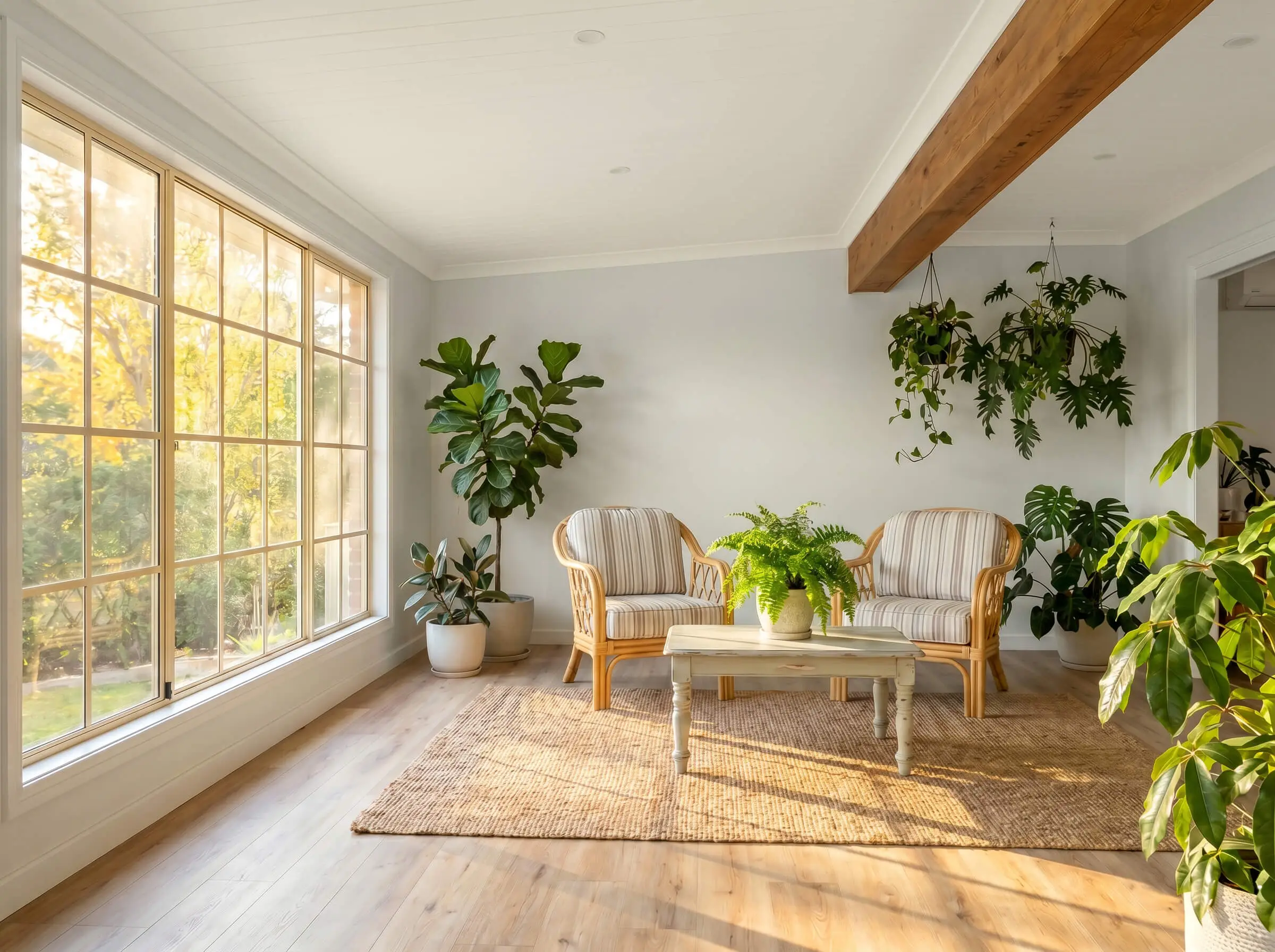 Rattan armchairs and lush green potted plants rest on light wood flooring beneath a crisp cool white painted ceiling.