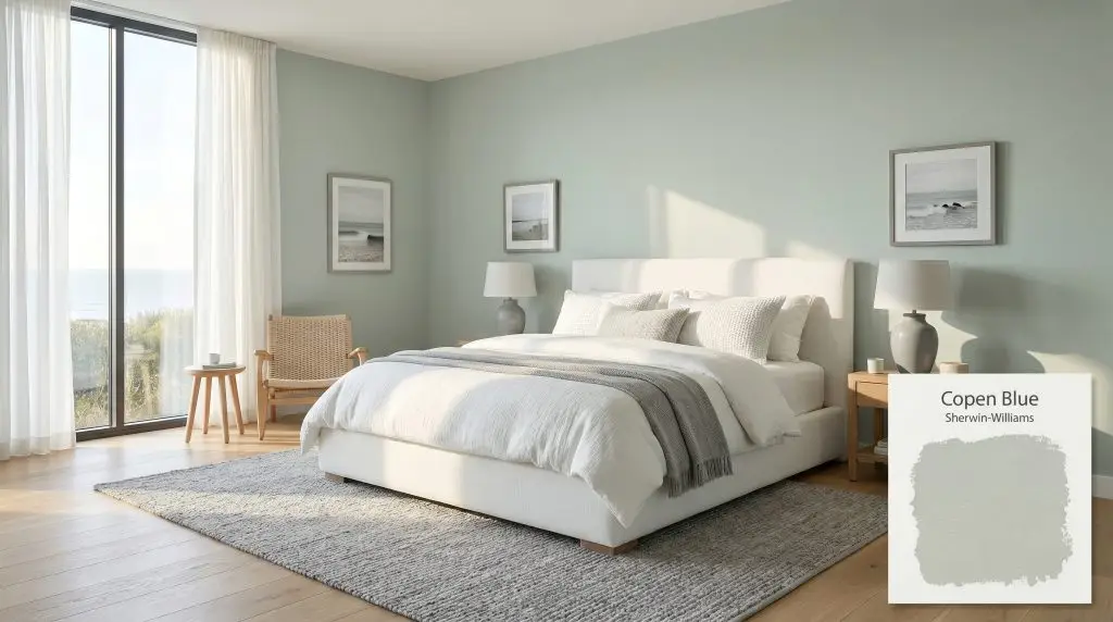A plush white bed rests on light oak hardwood floors against walls painted in Sherwin-Williams Copen Blue (Hex #C2CCC4) under soft natural light.