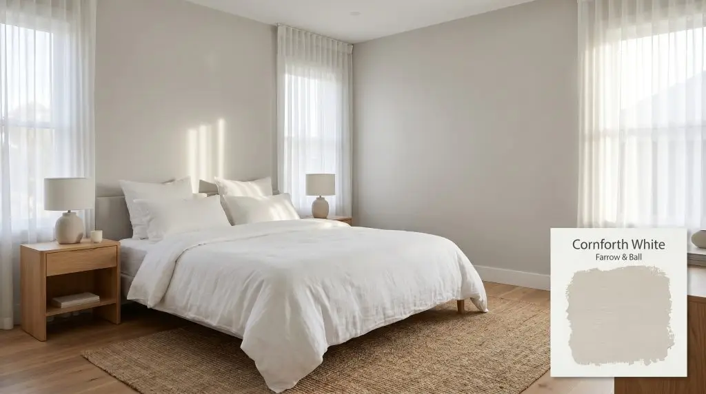 Crisp white linen bedding and light oak bedside tables complement serene walls painted in Farrow & Ball Cornforth White (Hex #cfcbc4).