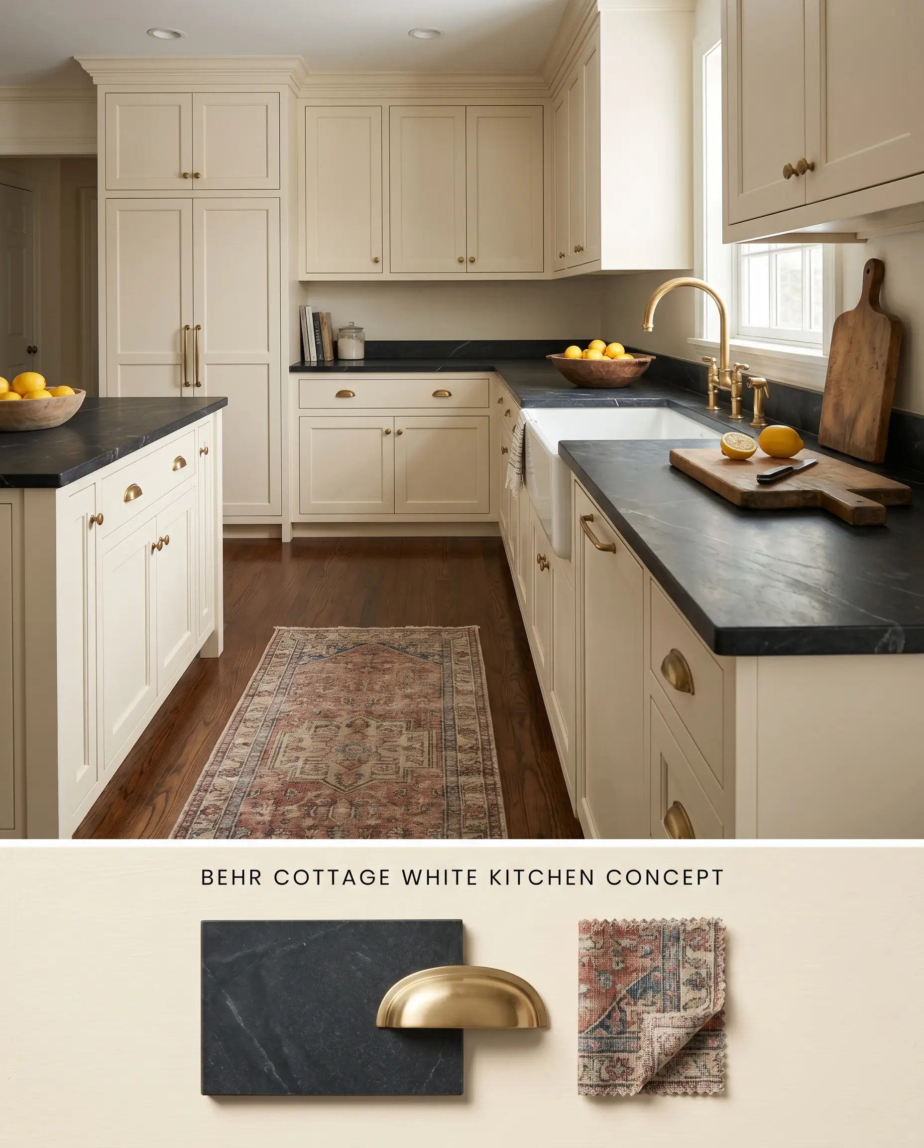 A split digital conceptual board for a kitchen showcasing Behr Cottage White cabinetry above tactile black soapstone, brass pulls, and a vintage runner rug.