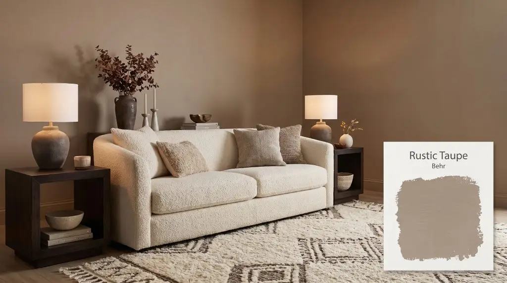 Warm ambient lighting illuminates a cream bouclé sofa and dark espresso wood tables against a wall finished in Behr Rustic Taupe (Hex #a69c91).