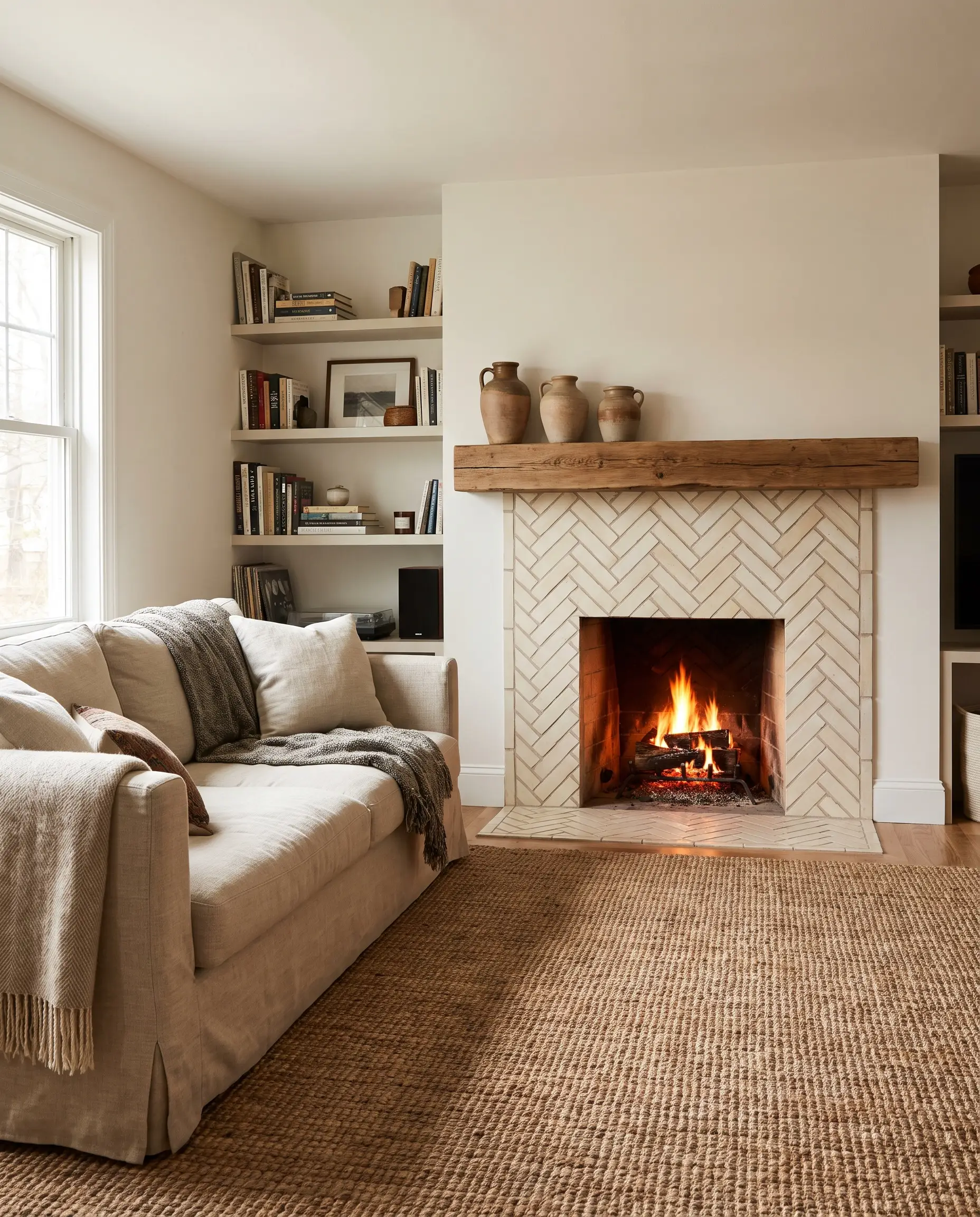 A timeless transitional surround built with cream fireclay brick and warm beige grout supports a simple wood mantel holding curated ceramic vases.