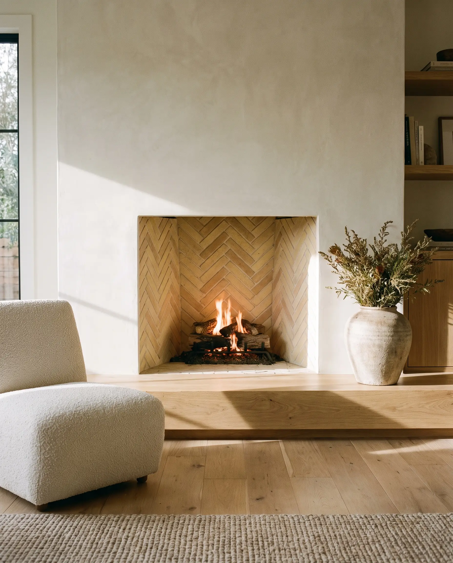 Pale yellow and buff fireclay brick lines an interior firebox finished with cream mortar beneath a cleanly plastered surround and beside a boucle lounge chair.