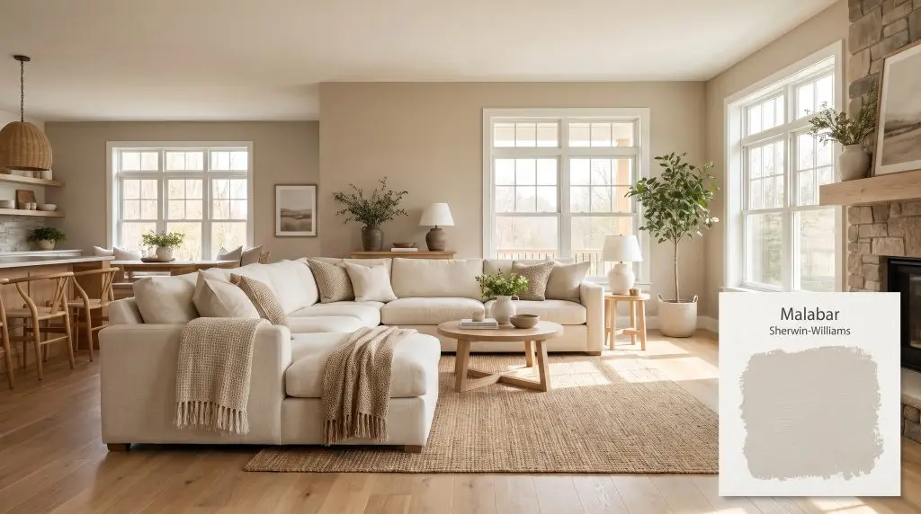 A cream linen sofa rests on light oak hardwood floors within an open-concept space featuring Sherwin-Williams Malabar (Hex #CFBEA9) walls.