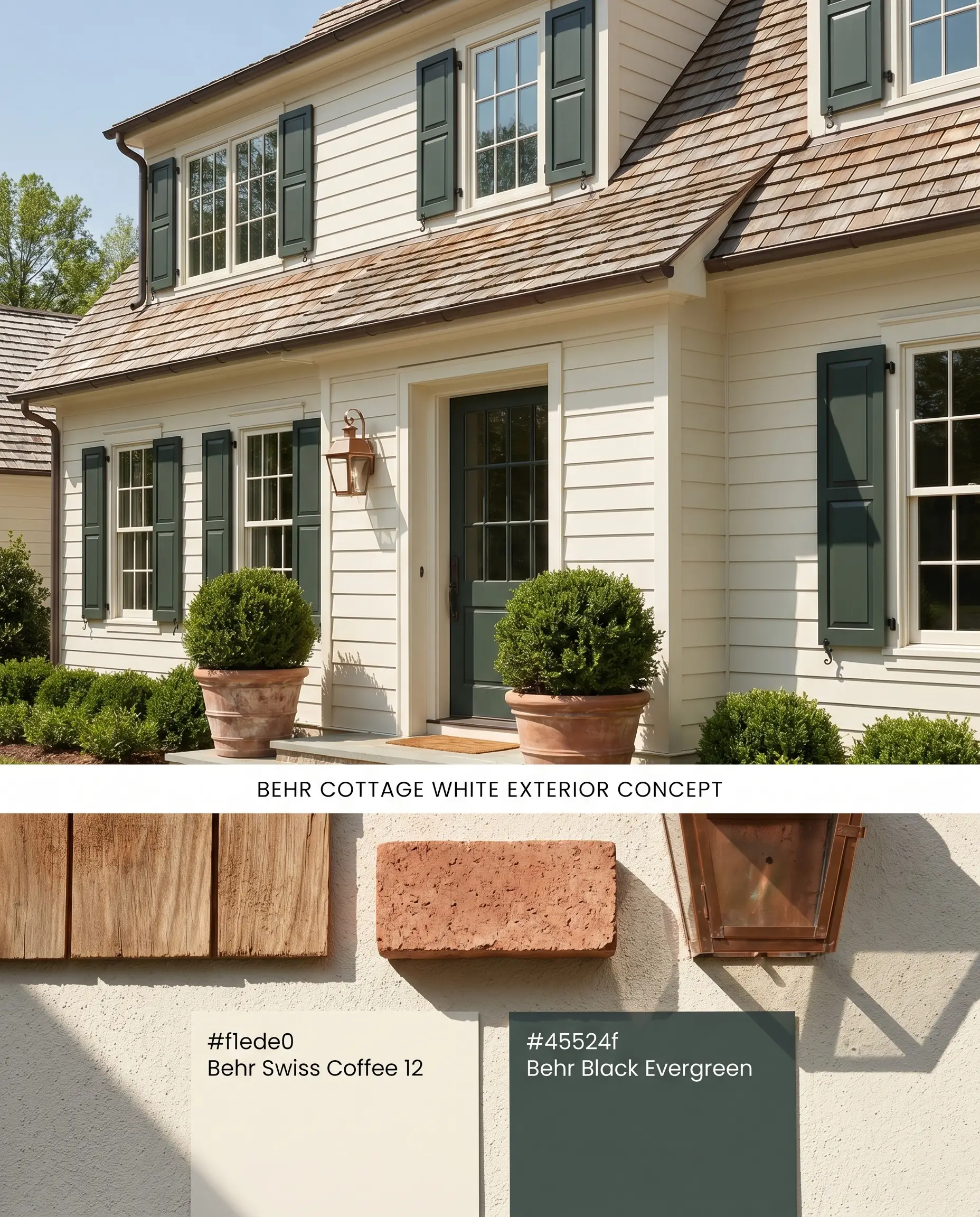A split digital conceptual board for a traditional home exterior, pairing a yellow base siding above physical cedar shake, terracotta brick, and copper lantern materials.
