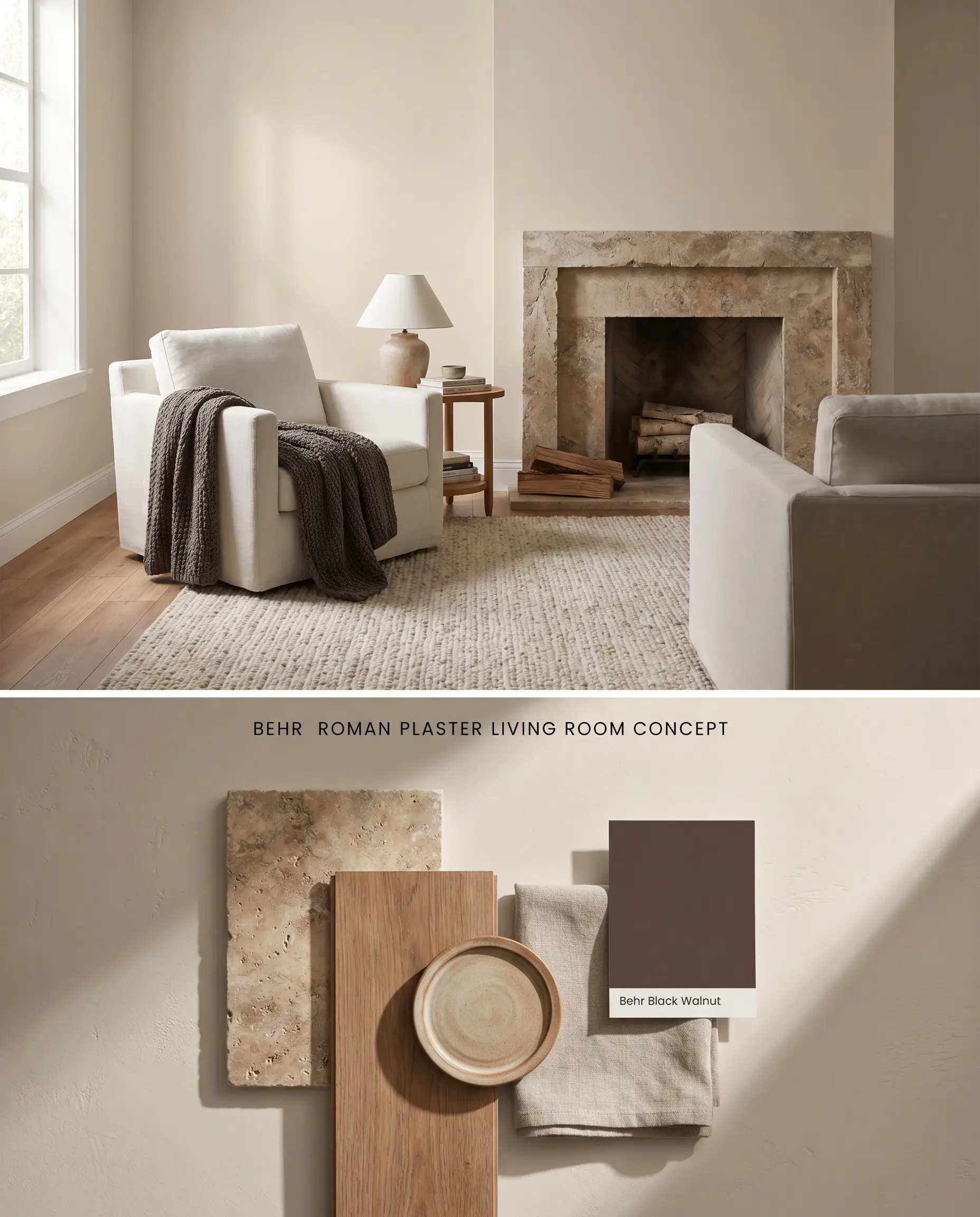 A split digital conceptual board featuring a cozy living room painted in Roman Plaster on the top half, contrasted against a textured flat-lay of travertine stone and wood flooring below.