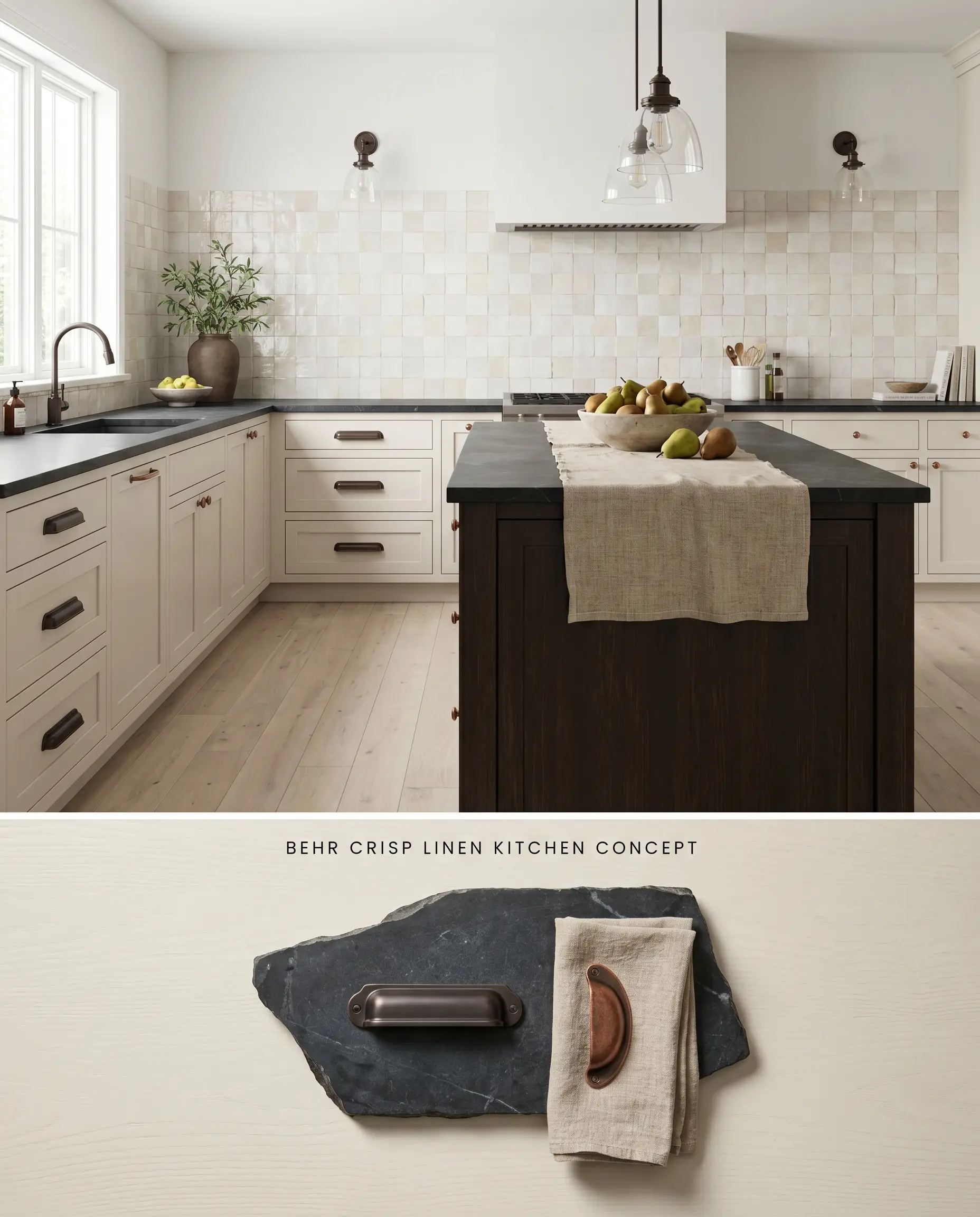A split digital conceptual board for a kitchen highlighting creamy neutral lower cabinetry paired with a flat-lay of honed soapstone and oil-rubbed bronze hardware.