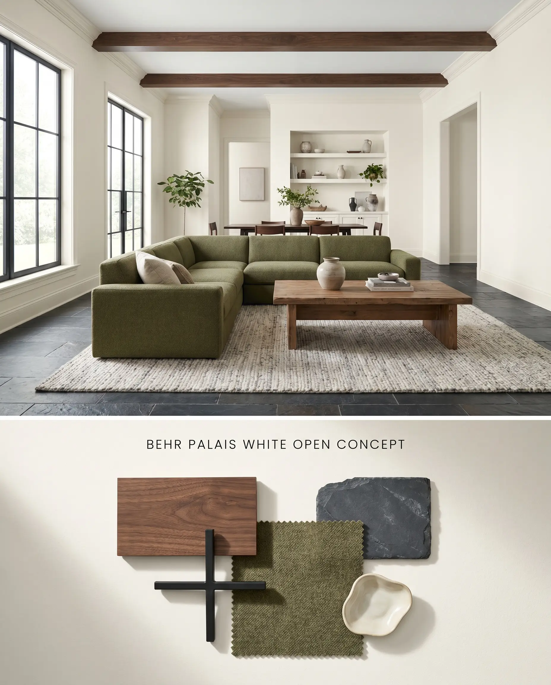 A split digital conceptual board featuring Behr Palais White walls in an expansive open layout above physical samples of dark slate, walnut, and olive wool.