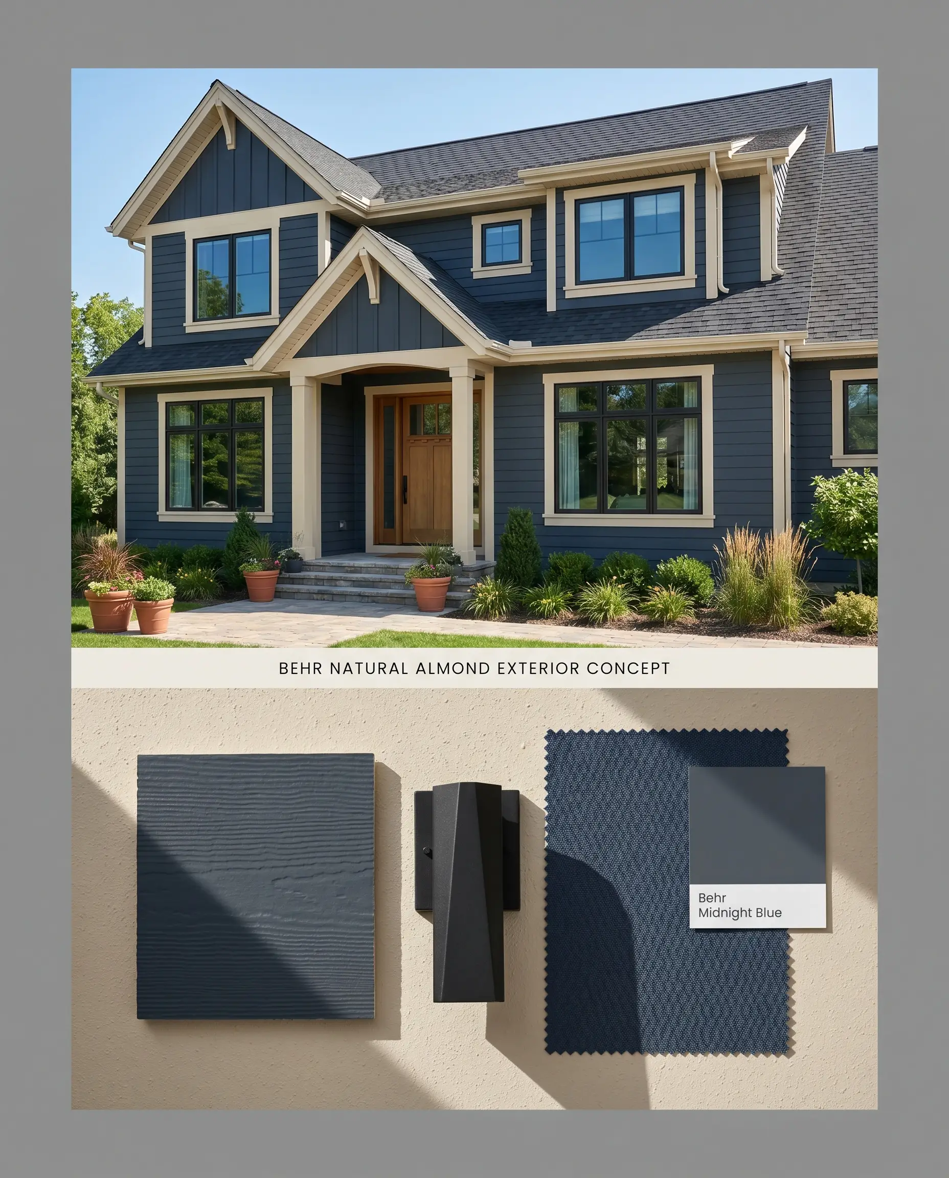 A split digital conceptual board for a home exterior contrasting a creamy tan architectural trim above with a physical flat-lay containing dark navy wood siding and a matte black sconce below.
