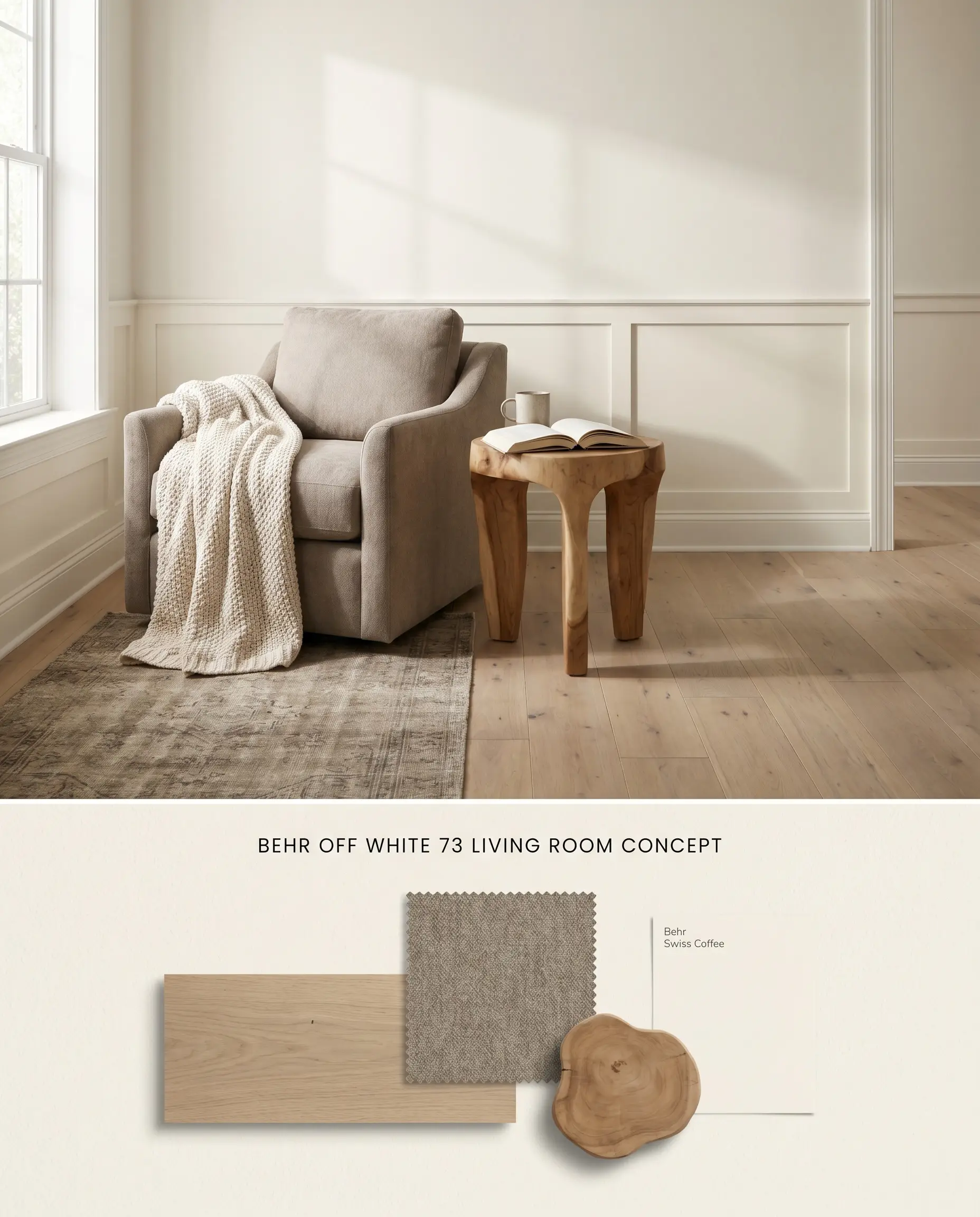 A split digital conceptual board for a traditional living room, displaying a warm chromatic profile on top and physical material swatches on the textured bottom section.