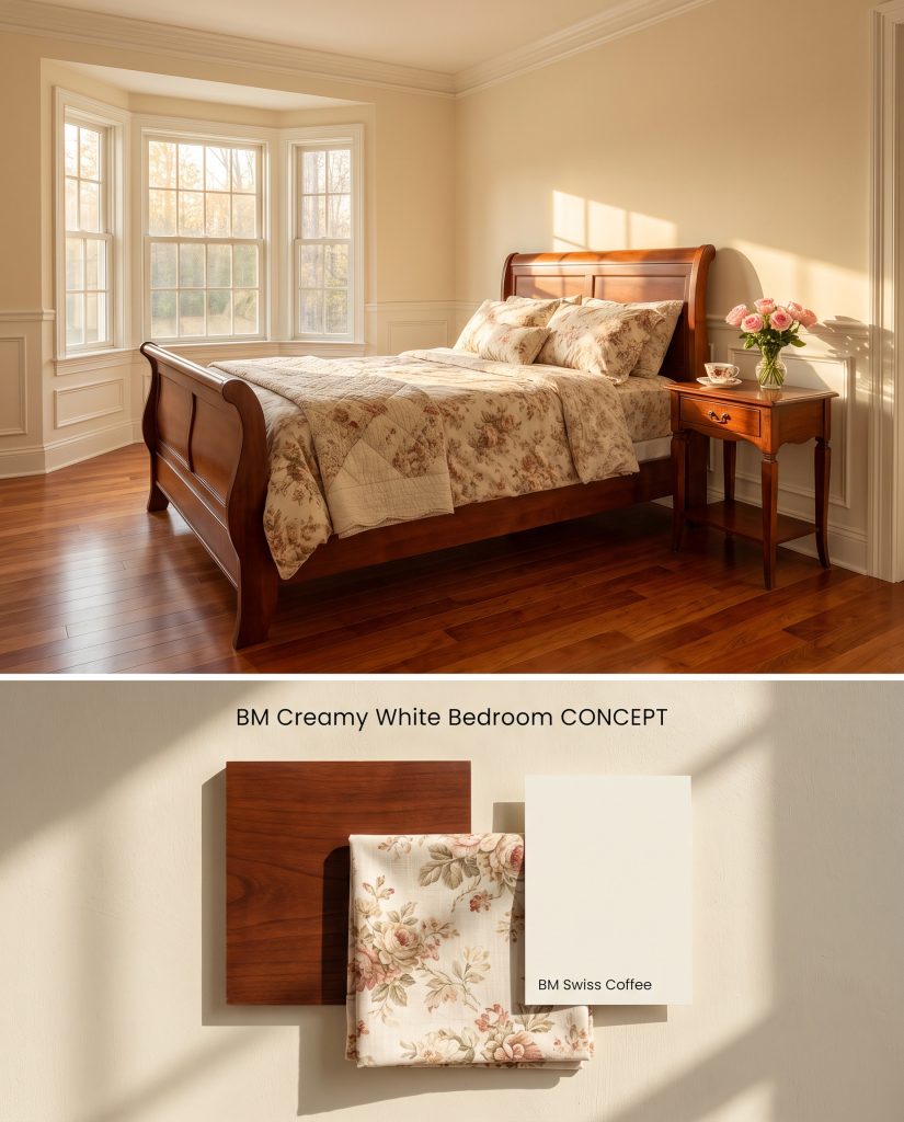 A split digital board displaying a romantic bedroom with warm walls above, and cherry wood with floral linen samples below.