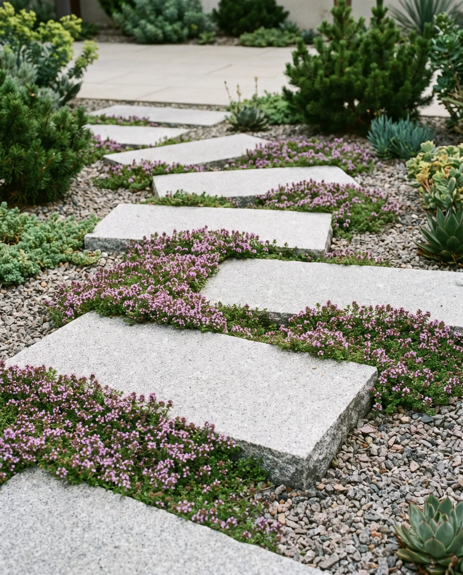 Cascading creeping thyme spills over rectangular precision-cut stepping stones into crushed granite within a serene, low-maintenance zen garden courtyard.