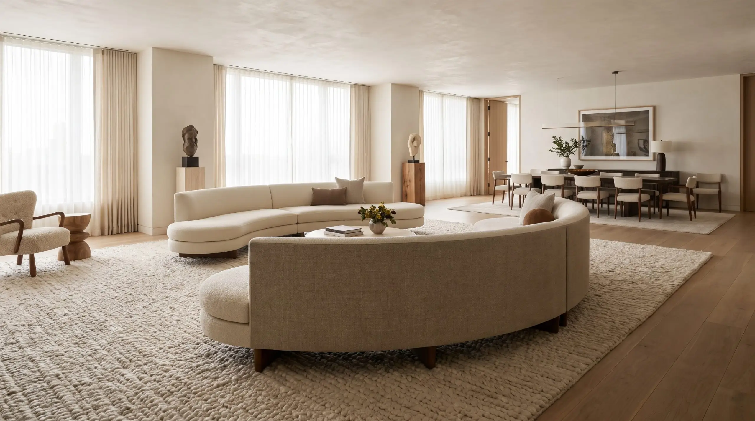 A sweeping crescent sofa with a tailored backrest floats on a hand-tufted rug to define the curved sofa design within an open-concept dining space.