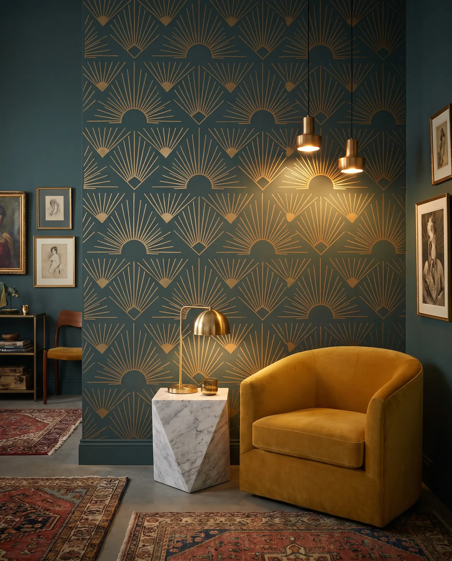 A crisp romaine green accent wall features a large-scale metallic brass stencil overlay behind a curved mustard velvet armchair and marble side table.