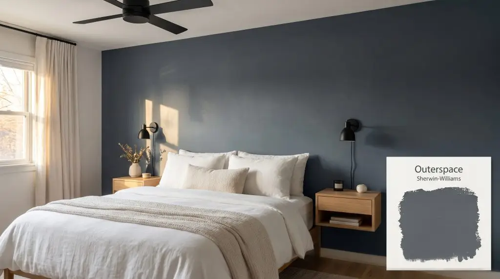 Crisp white bedding and light wood nightstands stand against a dramatic accent wall painted in Sherwin-Williams Outerspace (Hex #586168).