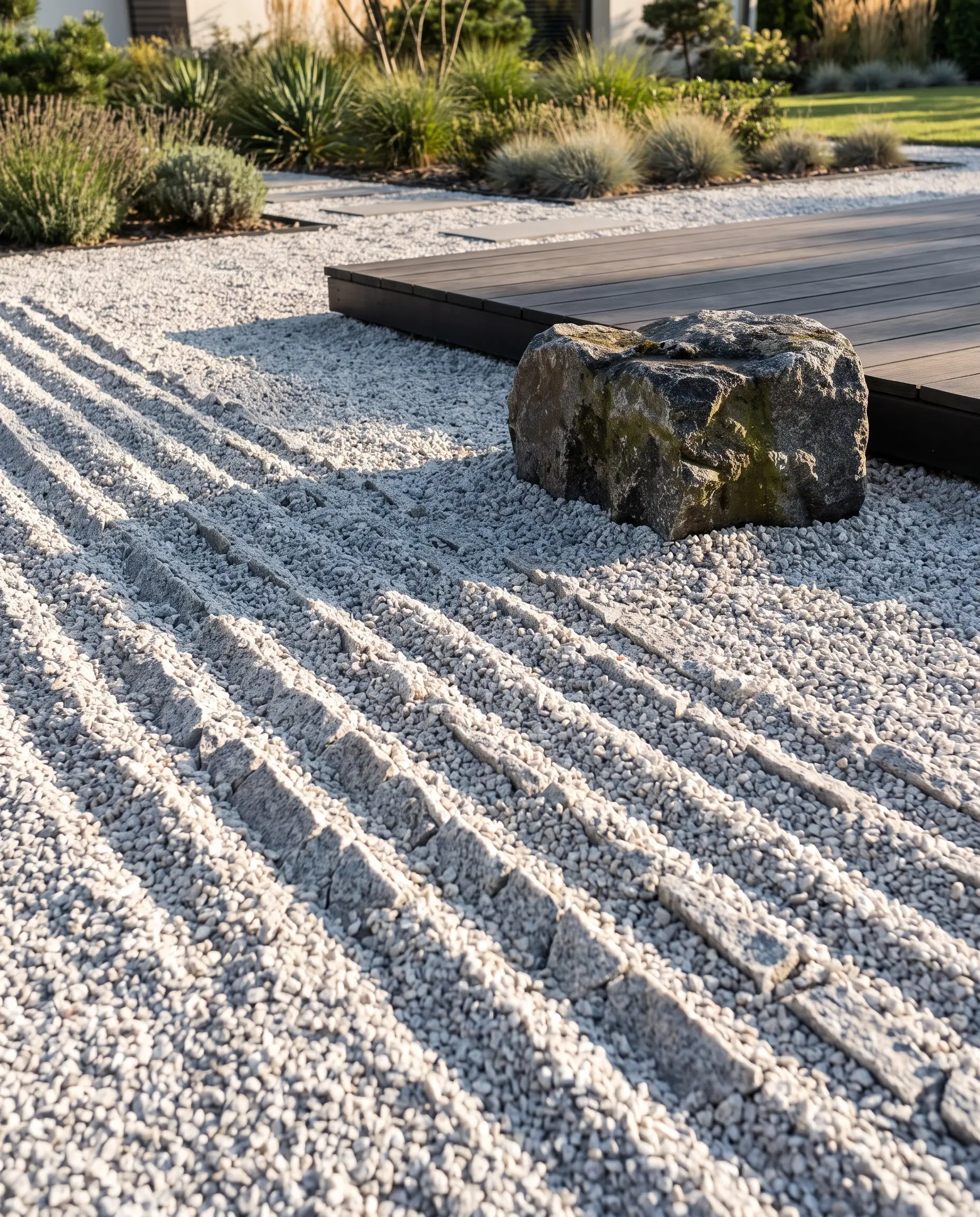 Deeply raked linear patterns in crushed white granite gravel surround a subtly weathered anchor boulder beside a sleek wooden deck.