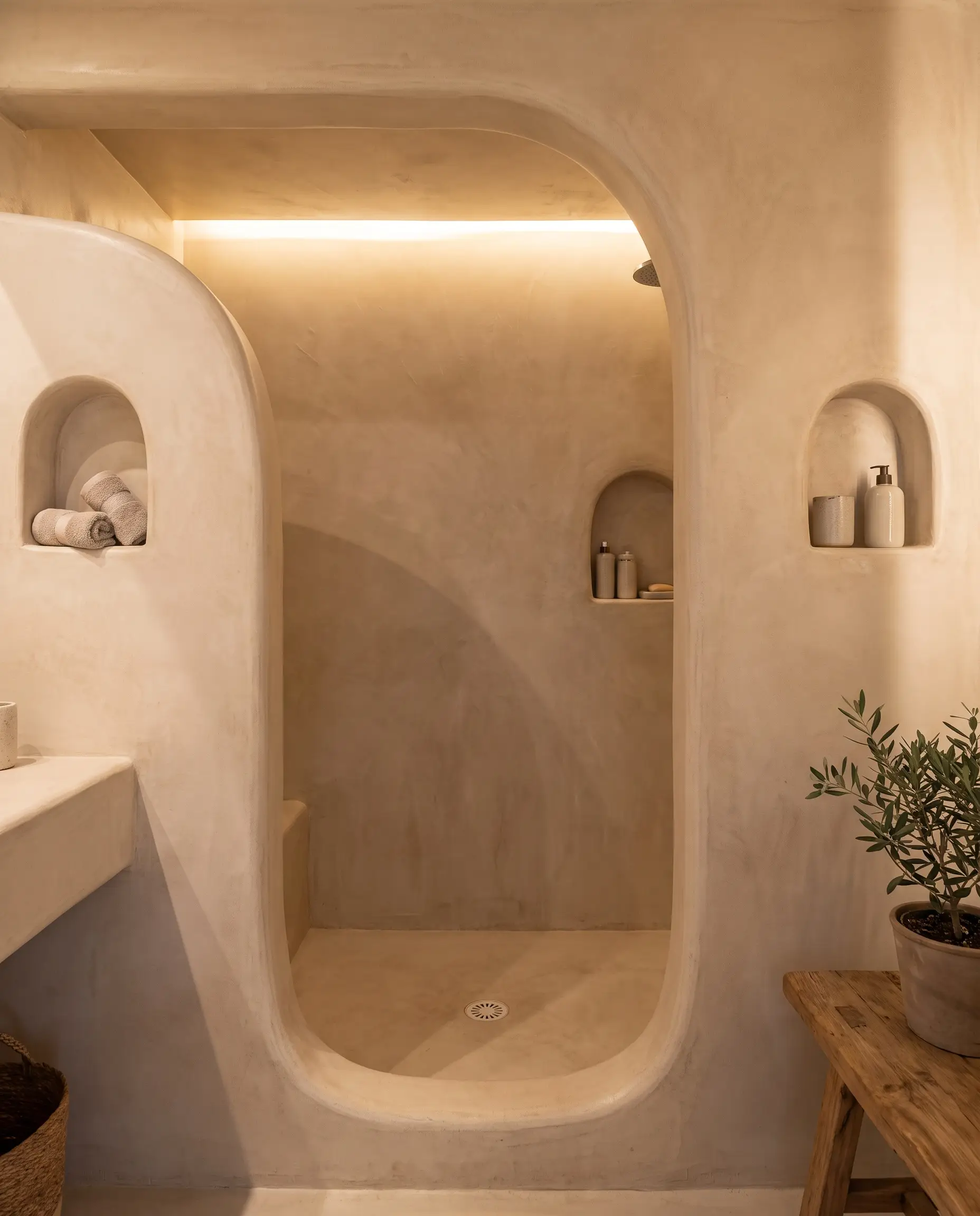 A sweeping curved plaster entryway guides the eye into a shower coated in waterproof microcement painted in Farrow and Ball Setting Plaster with built-in storage alcoves.