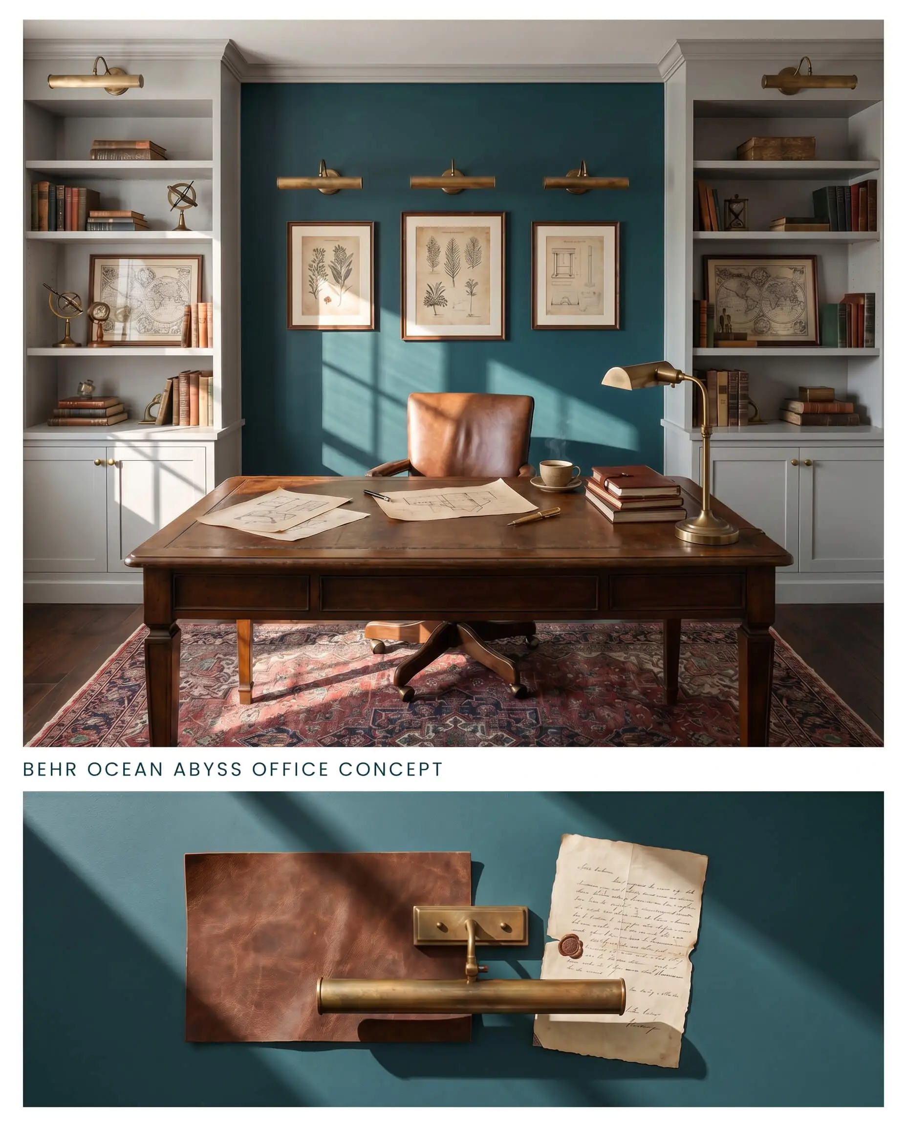 A dual-section digital board displaying a home office with a rich teal accent wall on top, and distressed leather with aged parchment on the bottom layout.