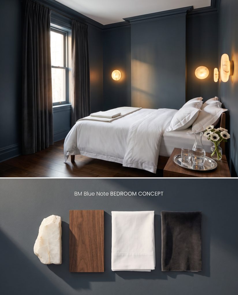 A composite digital visualization featuring a color-drenched dark blue bedroom positioned above a flat-lay of walnut and velvet samples.