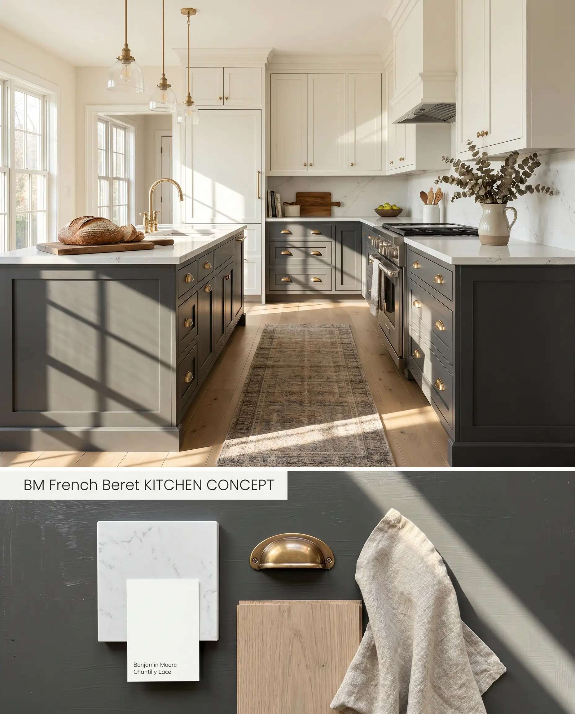 A split digital conceptual board for a kitchen island, pairing moody neutral lower cabinetry on top with a physical enamel finish flat-lay below.