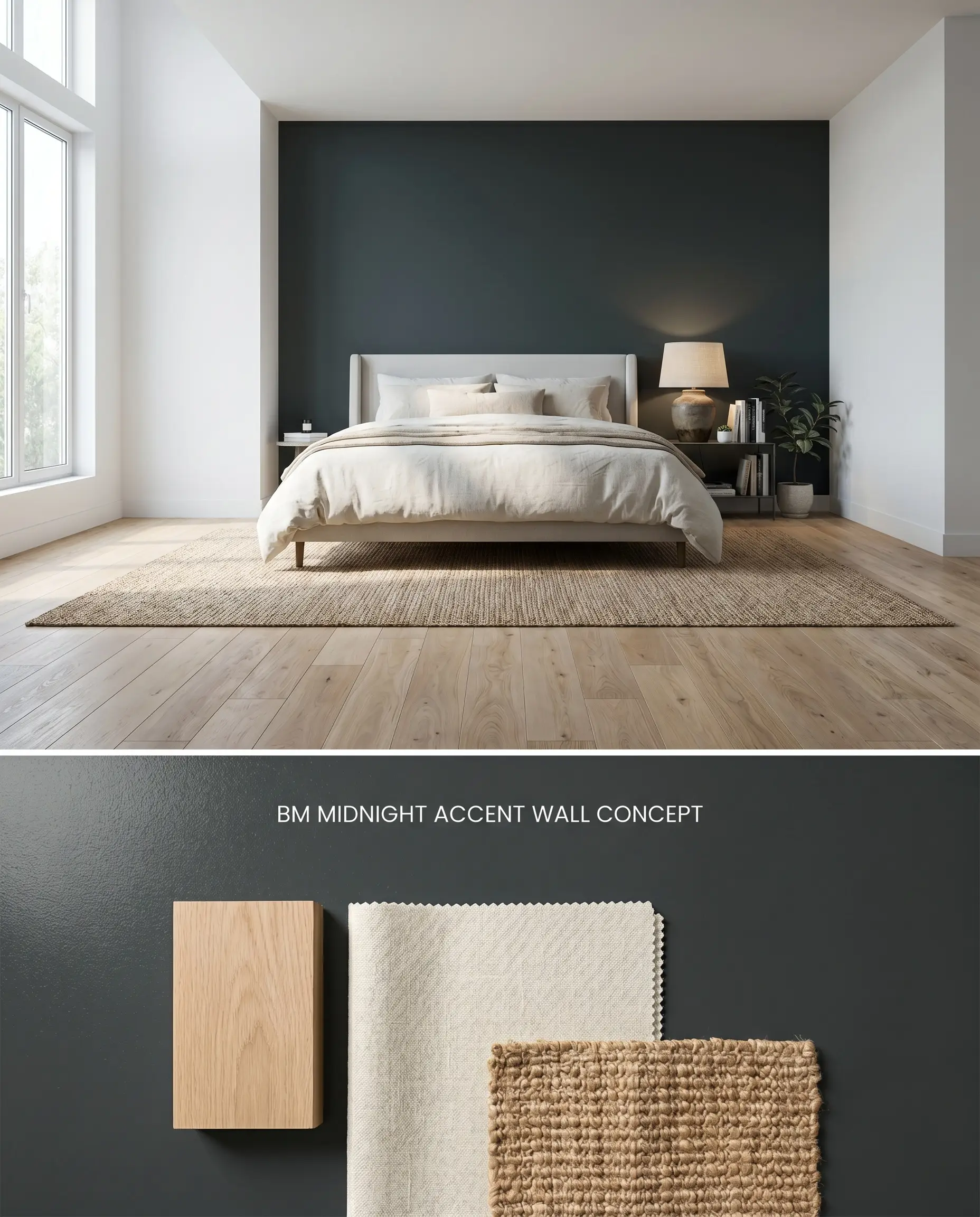 A split digital conceptual board for a primary bedroom highlighting a Benjamin Moore Midnight accent wall on top and a flat-lay of natural linen below.