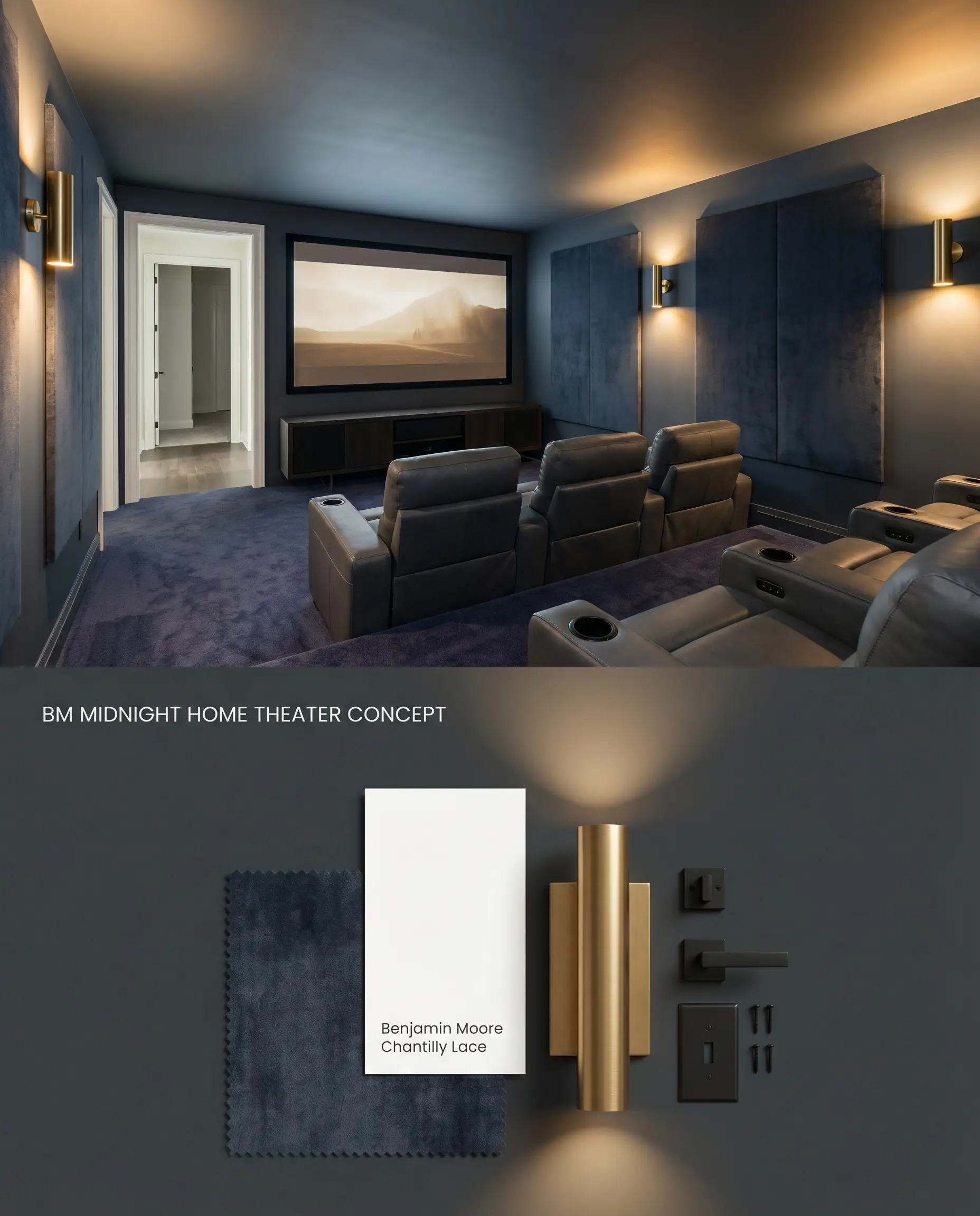 A split digital conceptual board for a windowless home theater showcasing a decadent black architectural finish on top and textured acoustic velvet materials below.