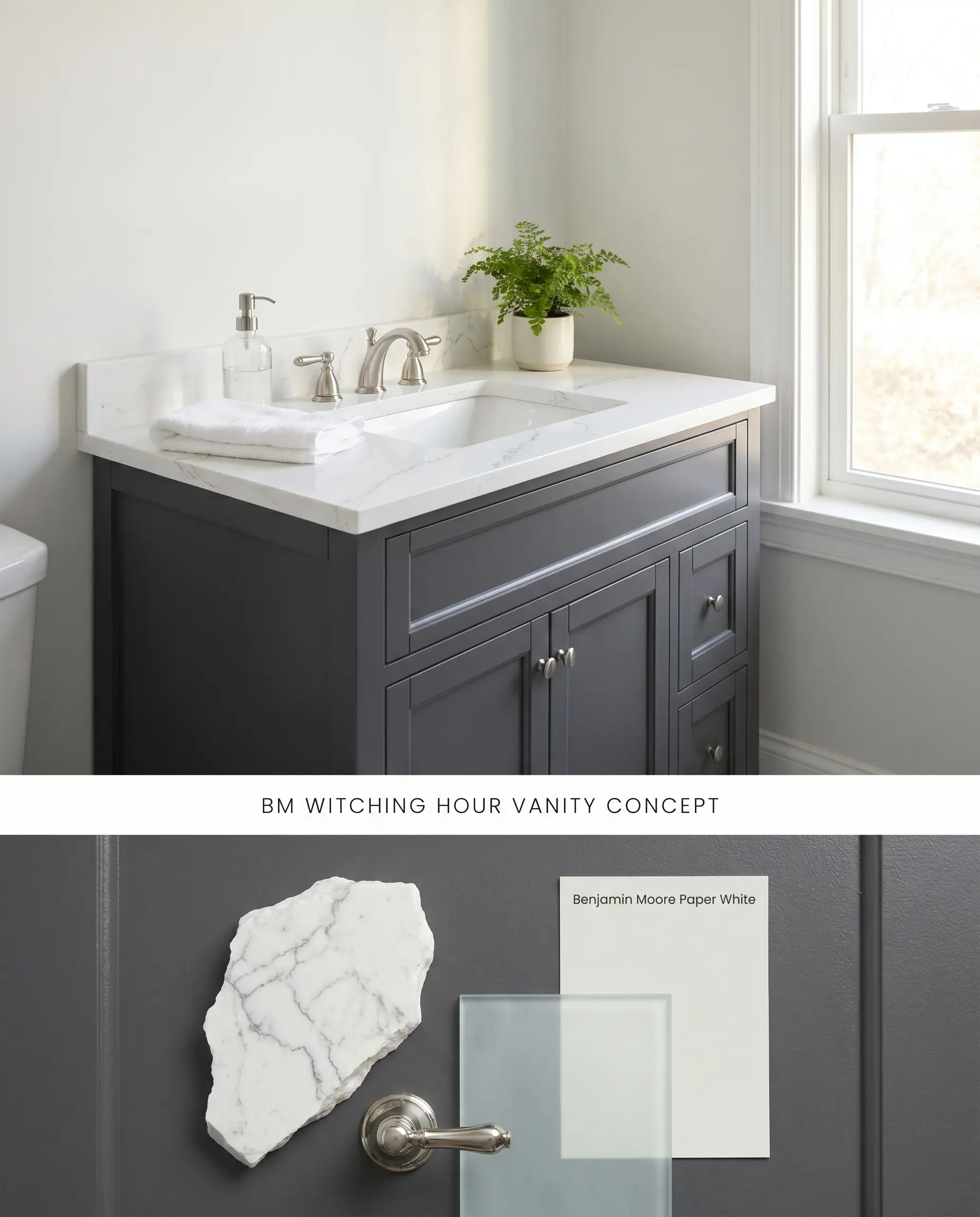 A split digital conceptual board presenting a vanity unit painted in Benjamin Moore Witching Hour on top, and a textured enamel surface with quartz and silver fixtures below.