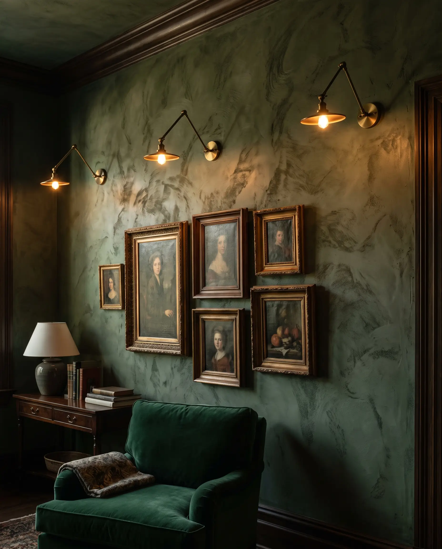 Hardwired brass picture lights cast a warm glow over framed landscape oil paintings mounted on a highly textured dark green plaster wall.