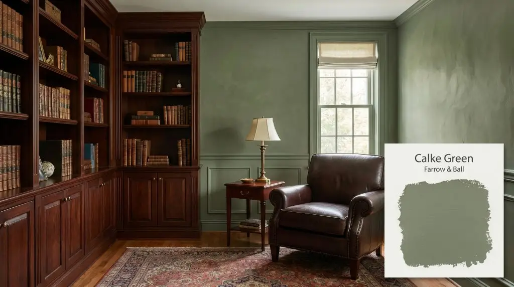 Dark mahogany bookshelves and classic wainscoting frame a traditional home office painted in Farrow & Ball Calke Green (Hex #75866c) under soft light.