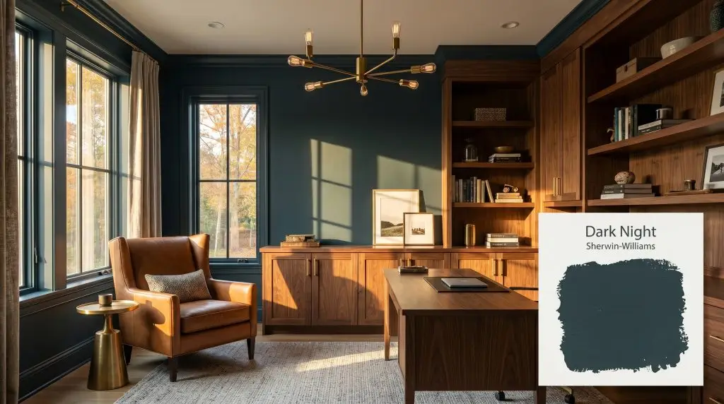 Rich walnut cabinetry and a modern brass chandelier complement moody transitional walls finished in Sherwin-Williams Dark Night (Hex #23383F) bathed in warm sunlight.