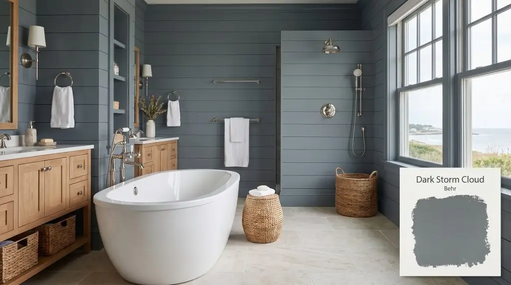 A freestanding white soaking tub and polished nickel hardware stand out against coastal shiplap walls finished in Behr Dark Storm Cloud (Hex #819094).