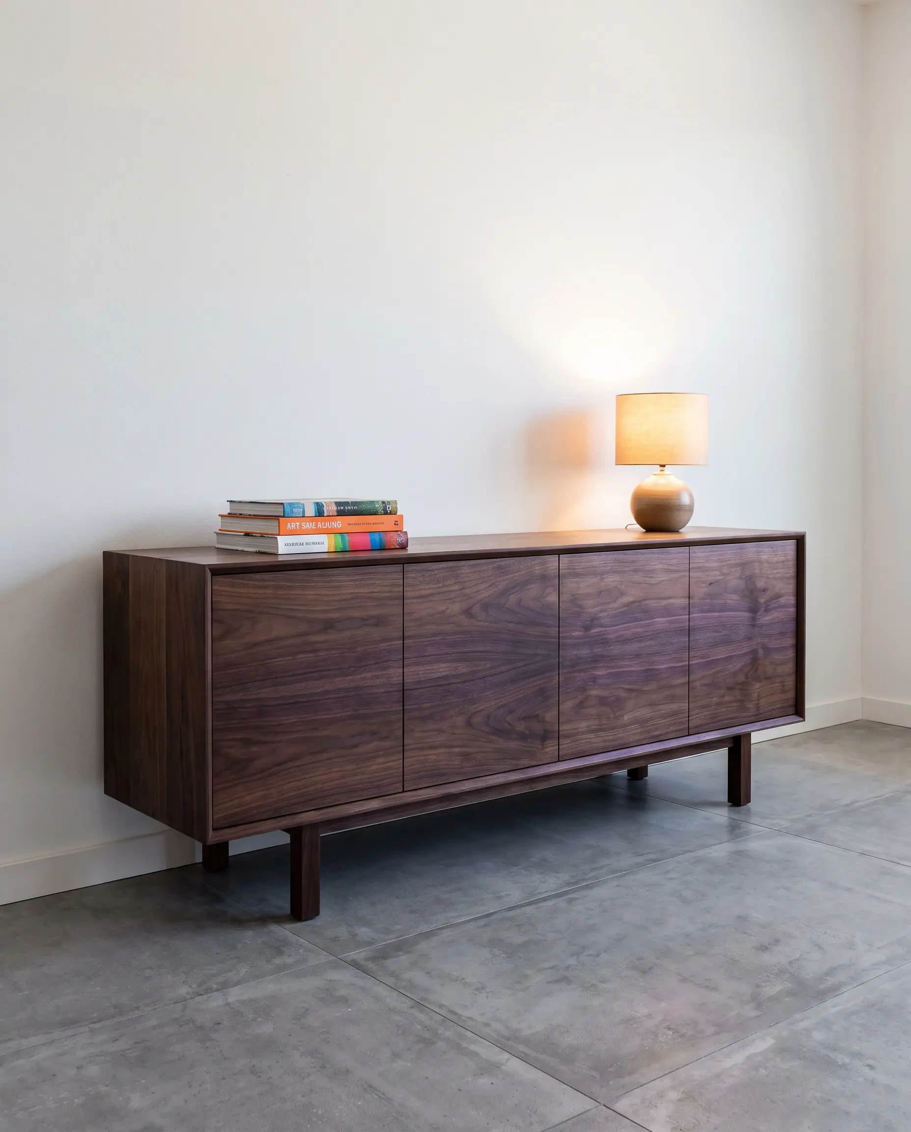 A rich dark walnut mid-century modern credenza styled with art books provides organic contrast to sleek gray flooring.