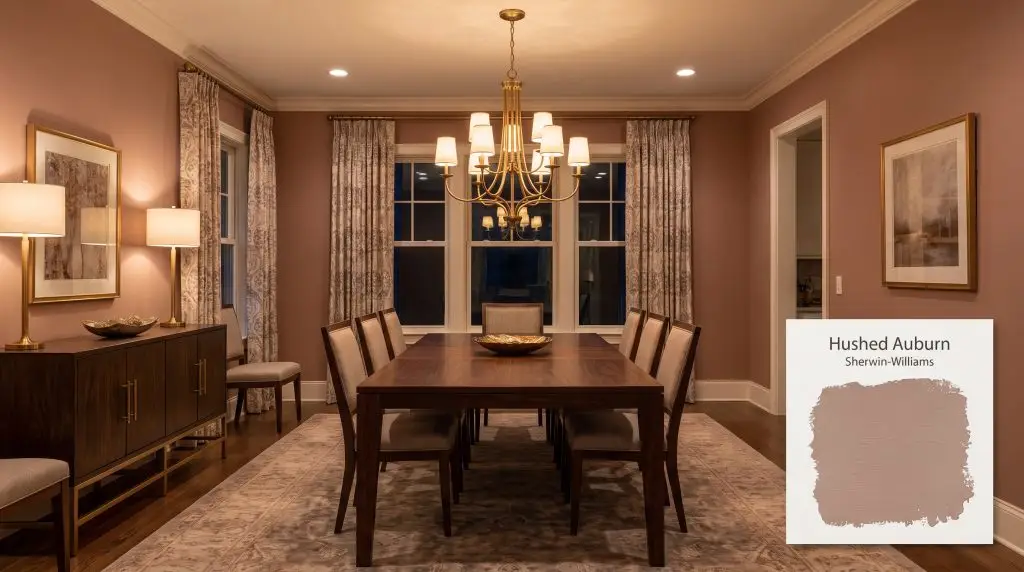 A dark walnut table sits beneath a brass chandelier in an elegant dining room featuring SW 9080 walls (Hex #A8857A).