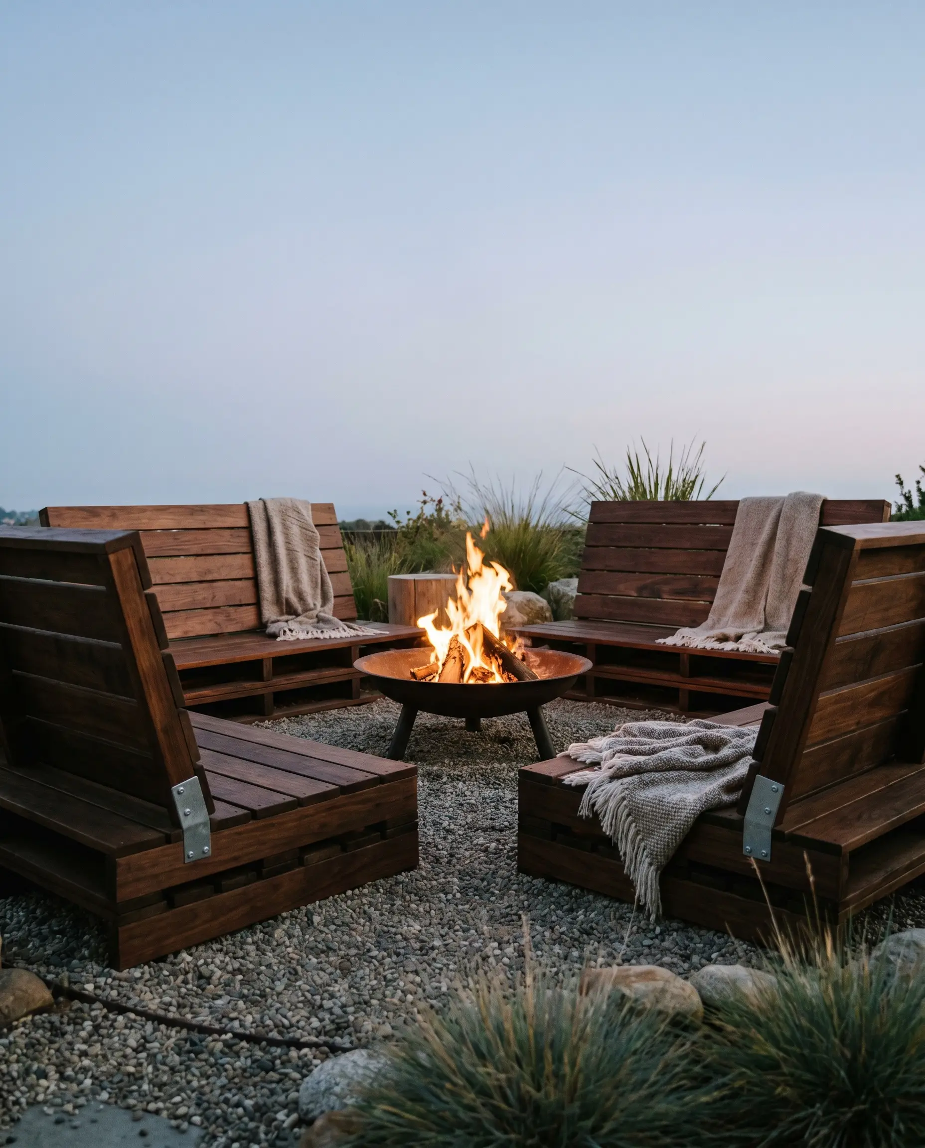 Low-profile seating with angled backrests finished in dark walnut oil surrounds a modest backyard fire pit on a simple gravel patio.