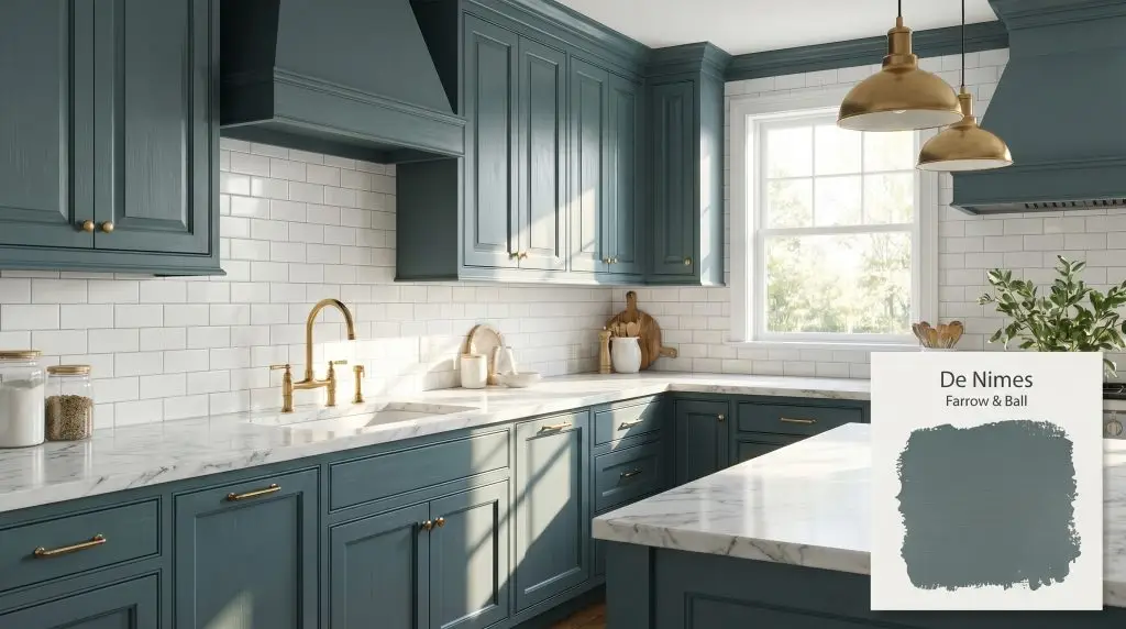 Crisp white subway tile and white marble countertops contrast with kitchen cabinetry painted in Farrow & Ball De Nimes (Hex #748284) under bright sunlight.
