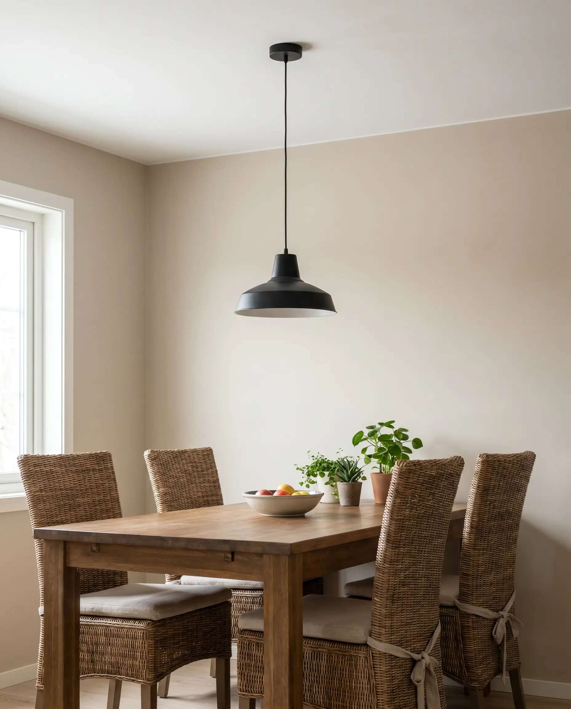 A matte black pendant light hangs from a dead-flat finish white ceiling over a simple wood dining table and woven chairs.