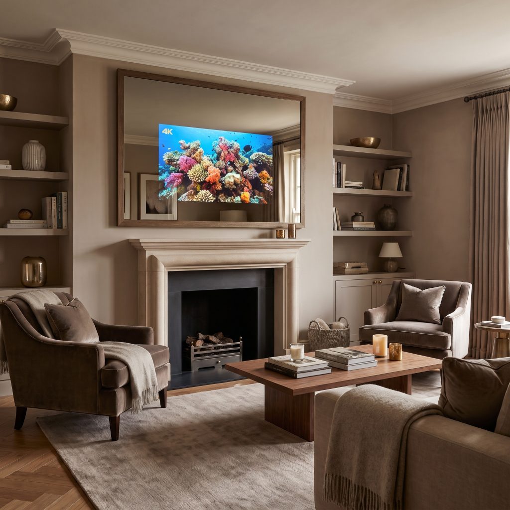Bespoke dielectric mirror glass functions as a decorative looking-glass over a mantel, allowing a bright 4K television display to shine seamlessly through the backing.