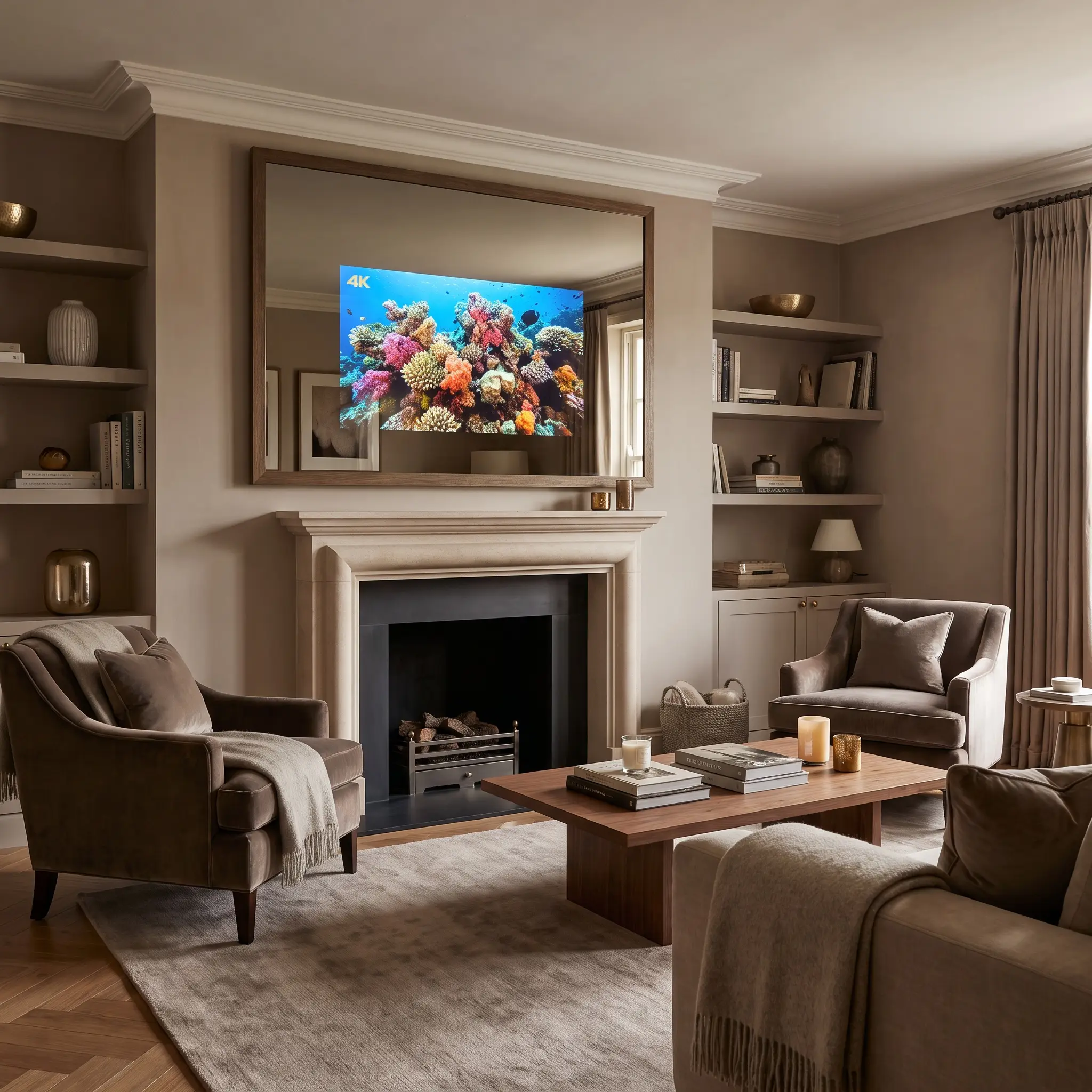 Bespoke dielectric mirror glass functions as a decorative looking-glass over a mantel, allowing a bright 4K television display to shine seamlessly through the backing.