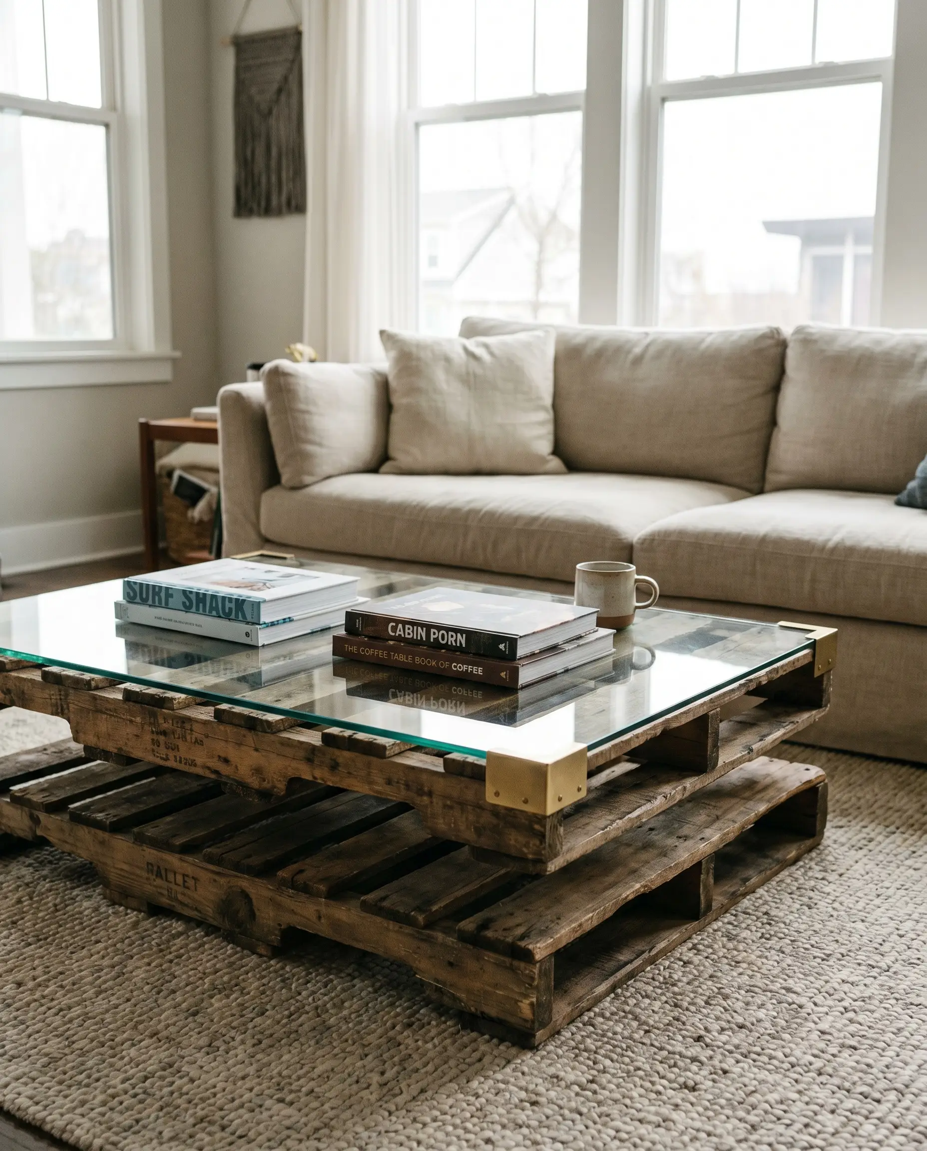A heavily distressed wooden coffee table capped with a tempered glass top and brushed brass corner brackets displays curated books in a living room.