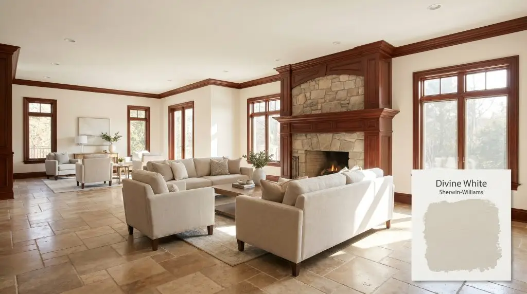 An open-concept living room featuring a grand fireplace, neutral linen seating, and rich mahogany trim against Divine White (Hex #E6DCCD) walls.
